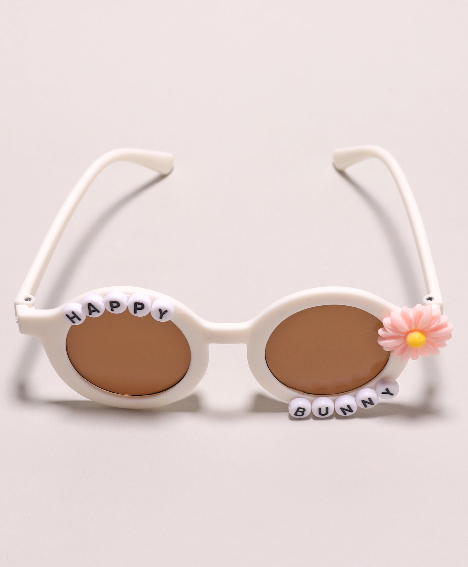 HAPPY BUNNY & FLOWER APPLIQUE ROUND SUNGLASSES - WHITE