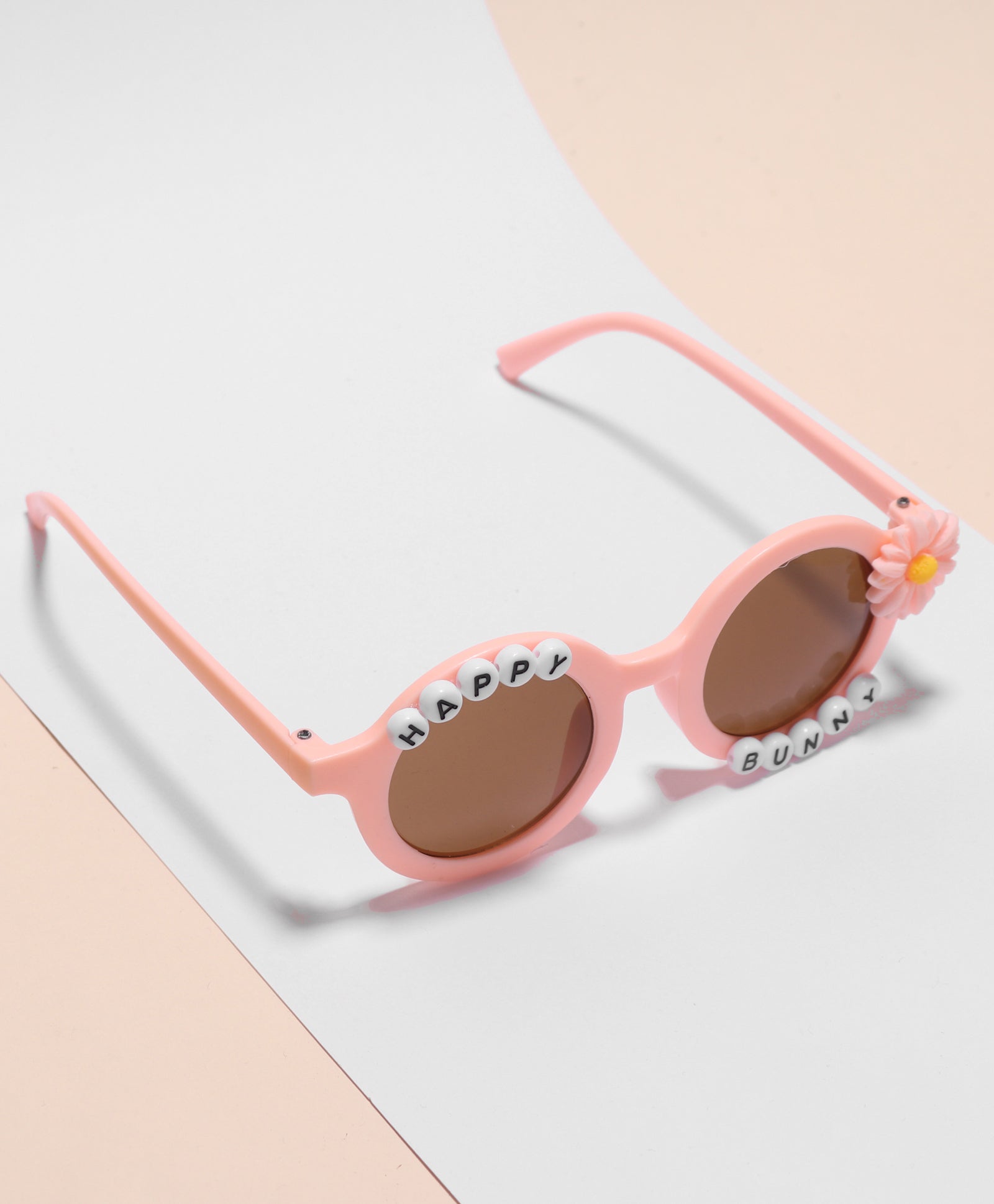 HAPPY BUNNY & FLOWER APPLIQUE ROUND SUNGLASSES - PEACH