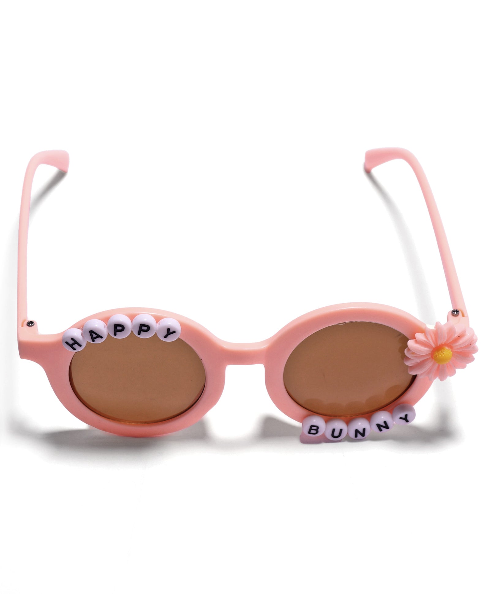 HAPPY BUNNY & FLOWER APPLIQUE ROUND SUNGLASSES - PEACH