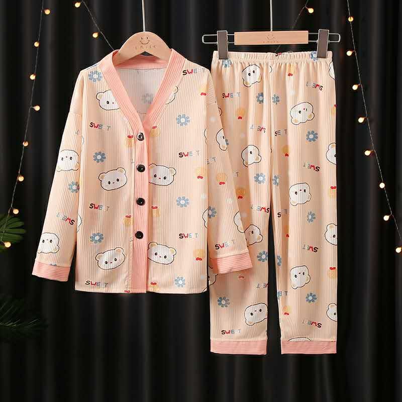 TEDDY BUTTON-UP FULL SLEEVES NIGHT SUIT - PEACH