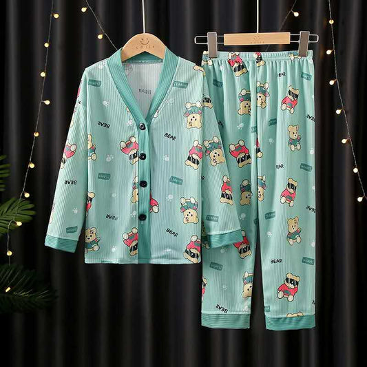 BEAR BUTTONS UP FULL SLEEVES NIGHT SUIT - GREEN