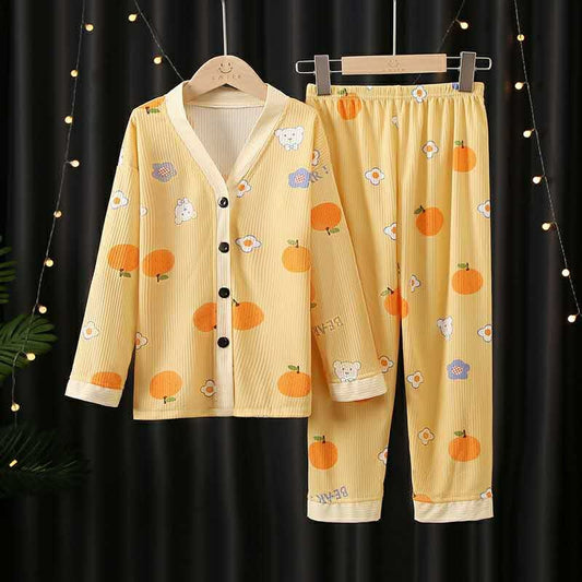 ORANGE TEDDY BUTTONS UP FULL SLEEVES NIGHT SUIT - LIGHTYELLOW
