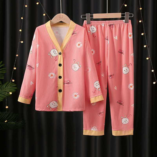 RABBIT FACE BUTTONS UP FULL SLEEVES NIGHT SUIT - PEACH