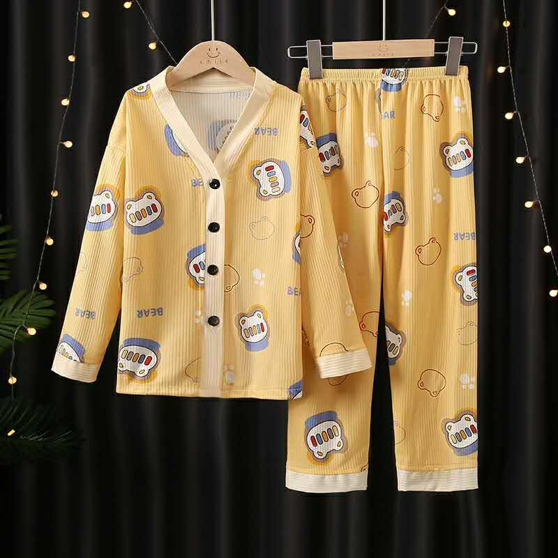 BEAR FACE BUTTON-UP FULL SLEEVES NIGHT SUIT - YELLOW