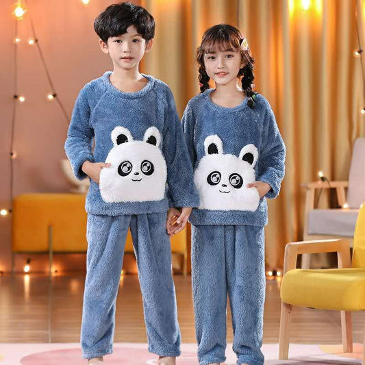 CUTE PANDA FACE WITH POCKETS FUR FULL SLEEVES NIGHT SUIT - BLUE