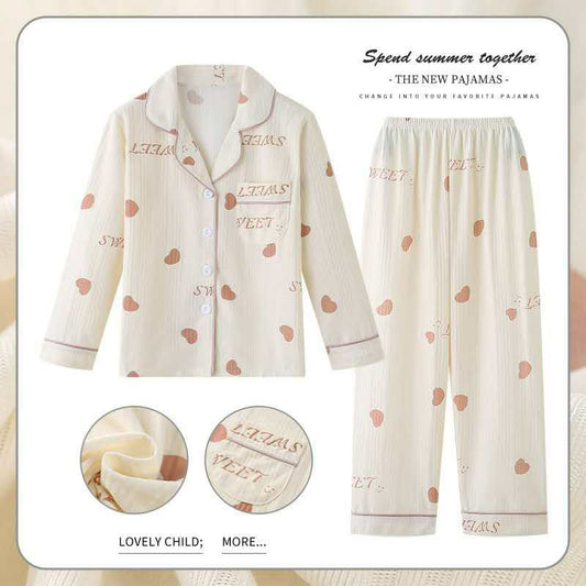HEART PRINTED COLLAR FRILL FULL SLEEVES NIGHT SUIT - BEIGE