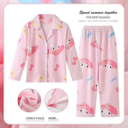 KITTY PRINT COLLAR FRILL FULL SLEEVES NIGHT SUIT - PINK
