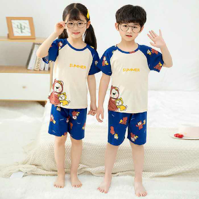 TWO LITTLE TEDDY T-SHIRT & SHORTS - BLUE