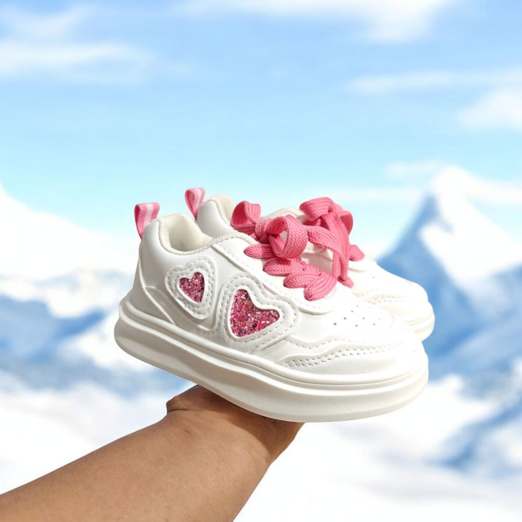 Glittered Heart Patch Velcro Closure Sneakers - Pink