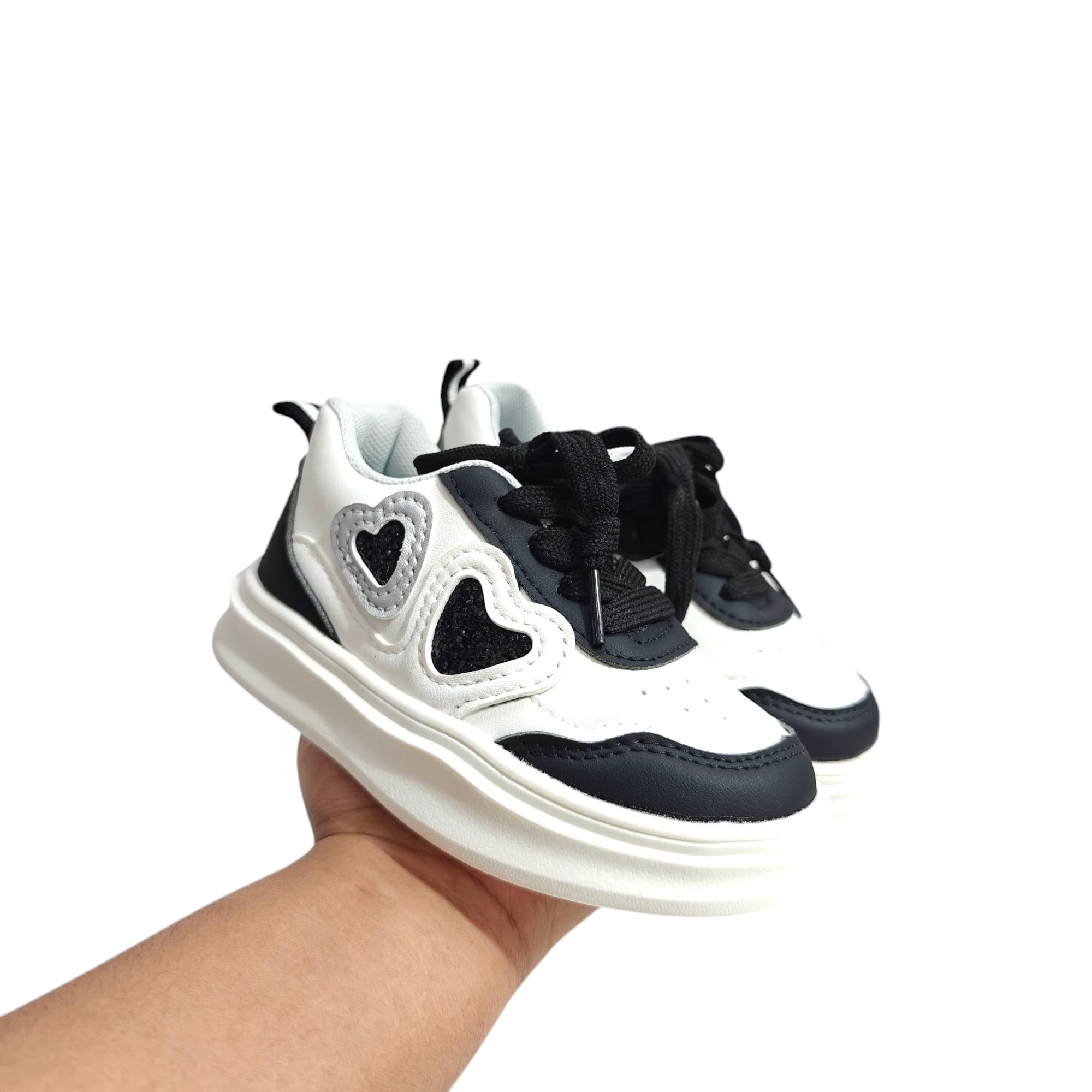 Glittered Heart Patch Velcro Closure Sneakers - Black