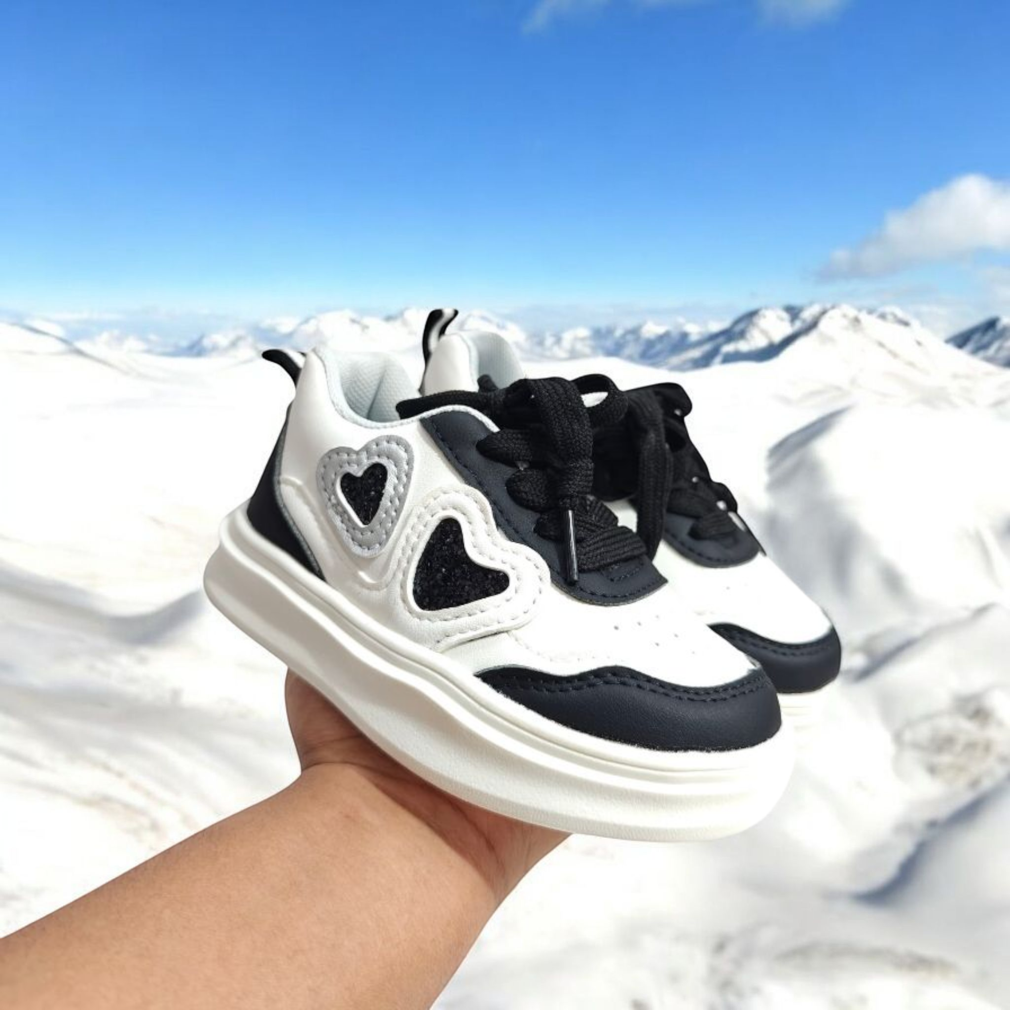 Glittered Heart Patch Velcro Closure Sneakers - Black