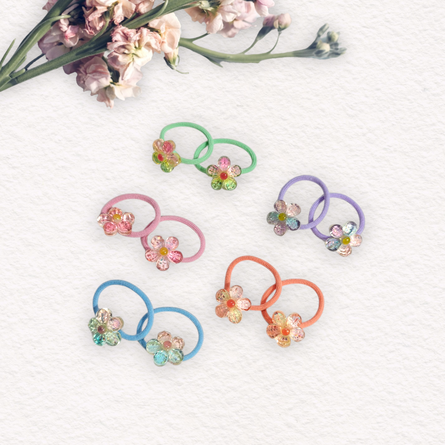 SHINY FLOWER APPLIQUE HAIR TIES PACK OF 10 - MULTI COLOR