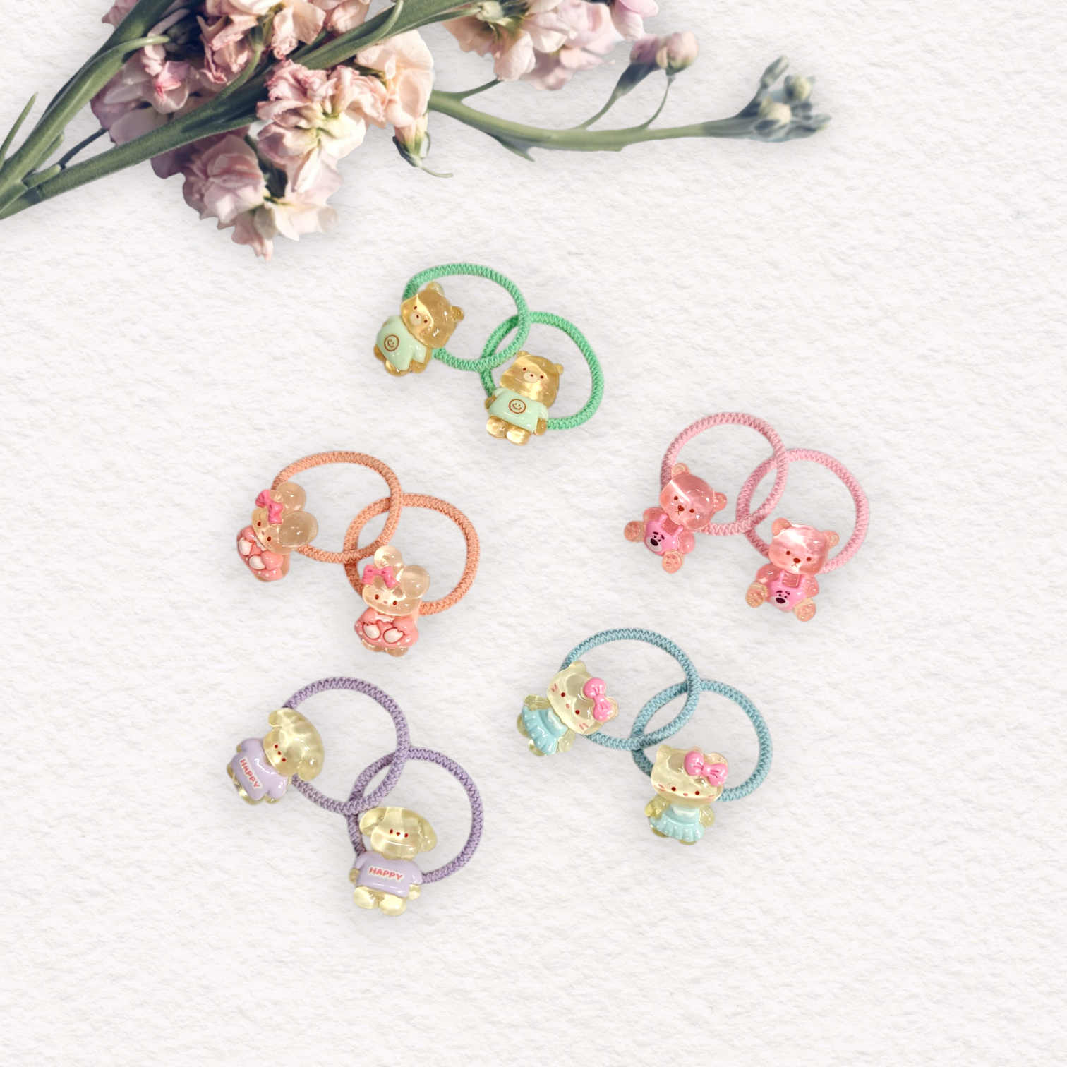 CUTE CARTOONS APPLIQUE HAIR TIES PACK OF 10 - MULTI COLOR
