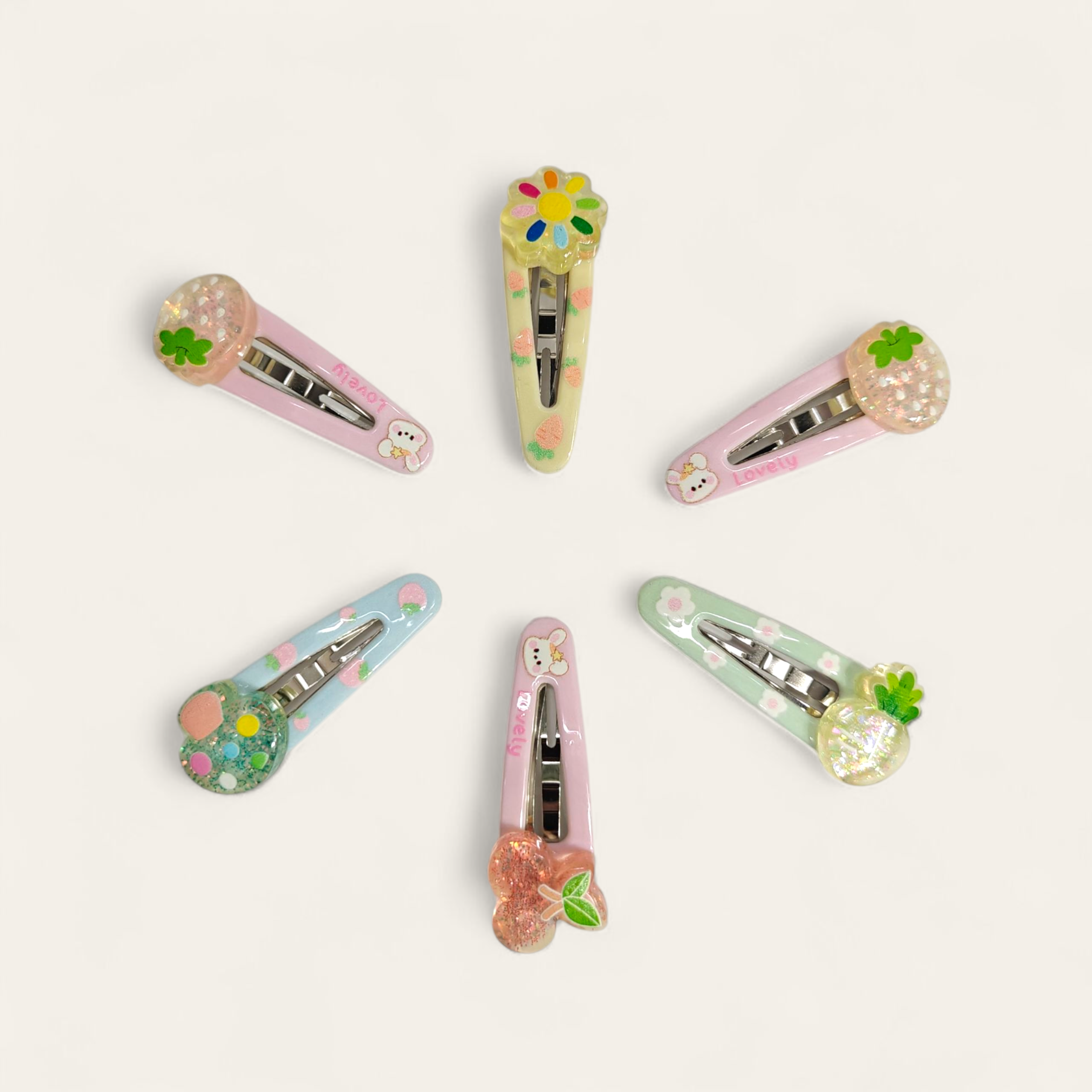 GLITTER DETAILED FRUIT APPLIQUE TIC TAC PINS PACK OF 6 - MULTI COLOR