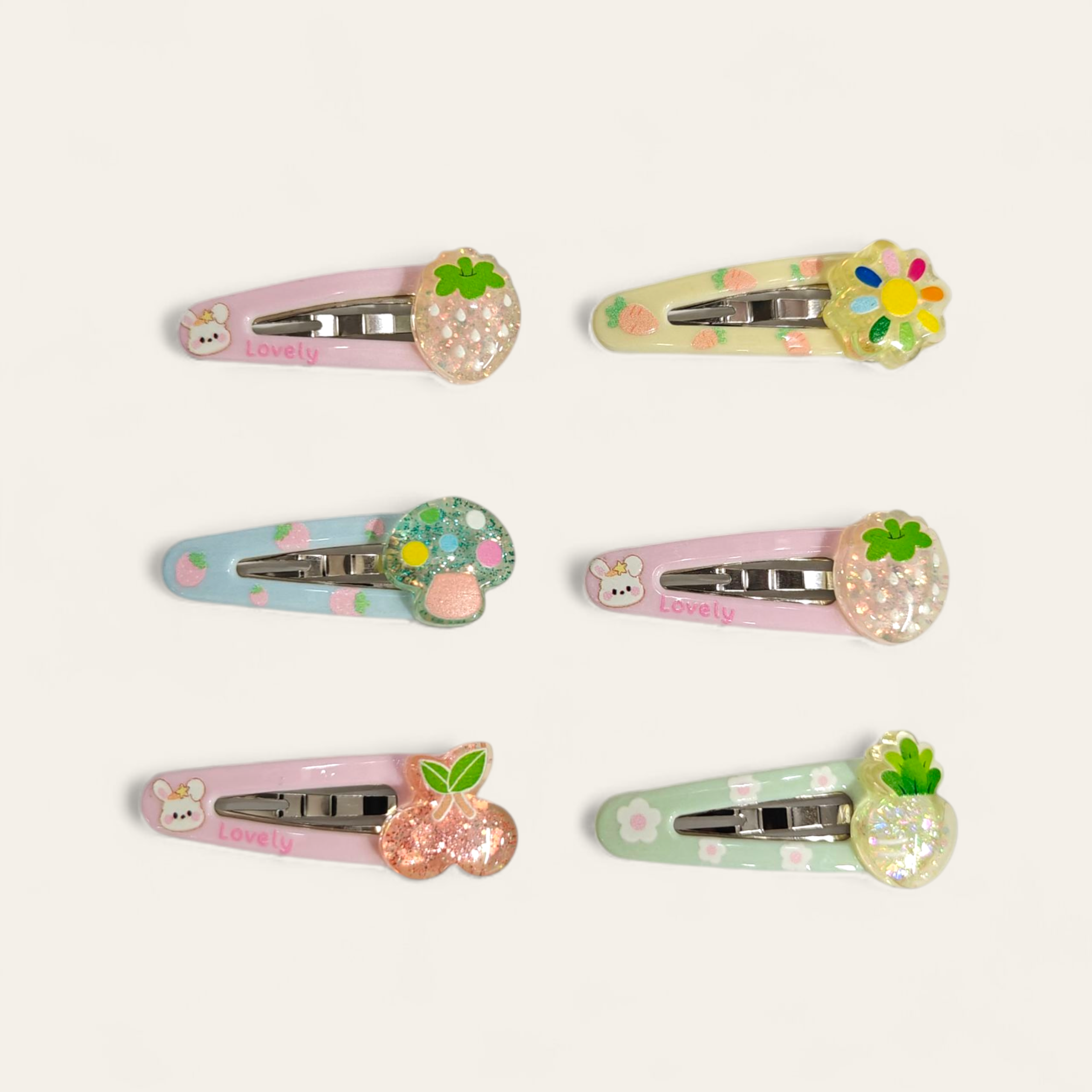 GLITTER DETAILED FRUIT APPLIQUE TIC TAC PINS PACK OF 6 - MULTI COLOR
