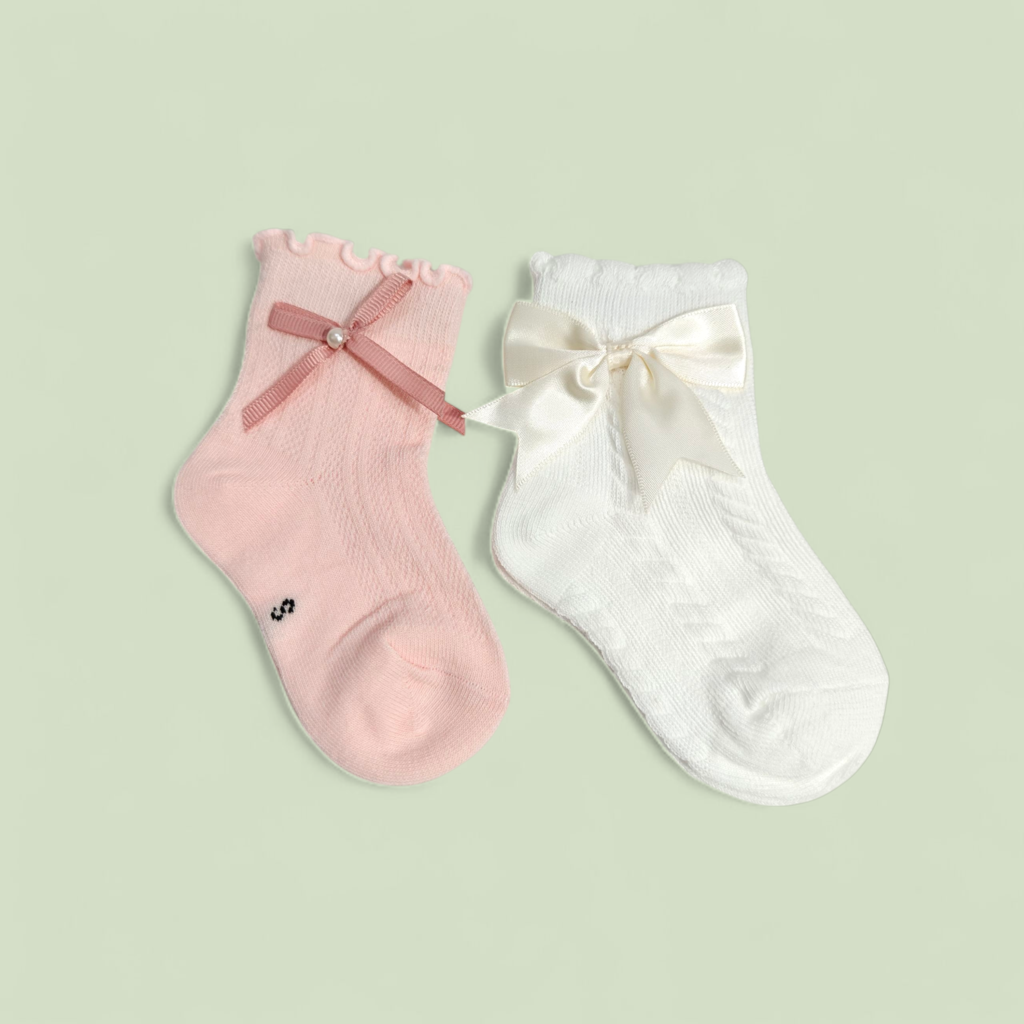 PACK OF 2 BOW & KNOT APPLIQUE ANKLE LENGTH SOCKS - PINK & WHITE
