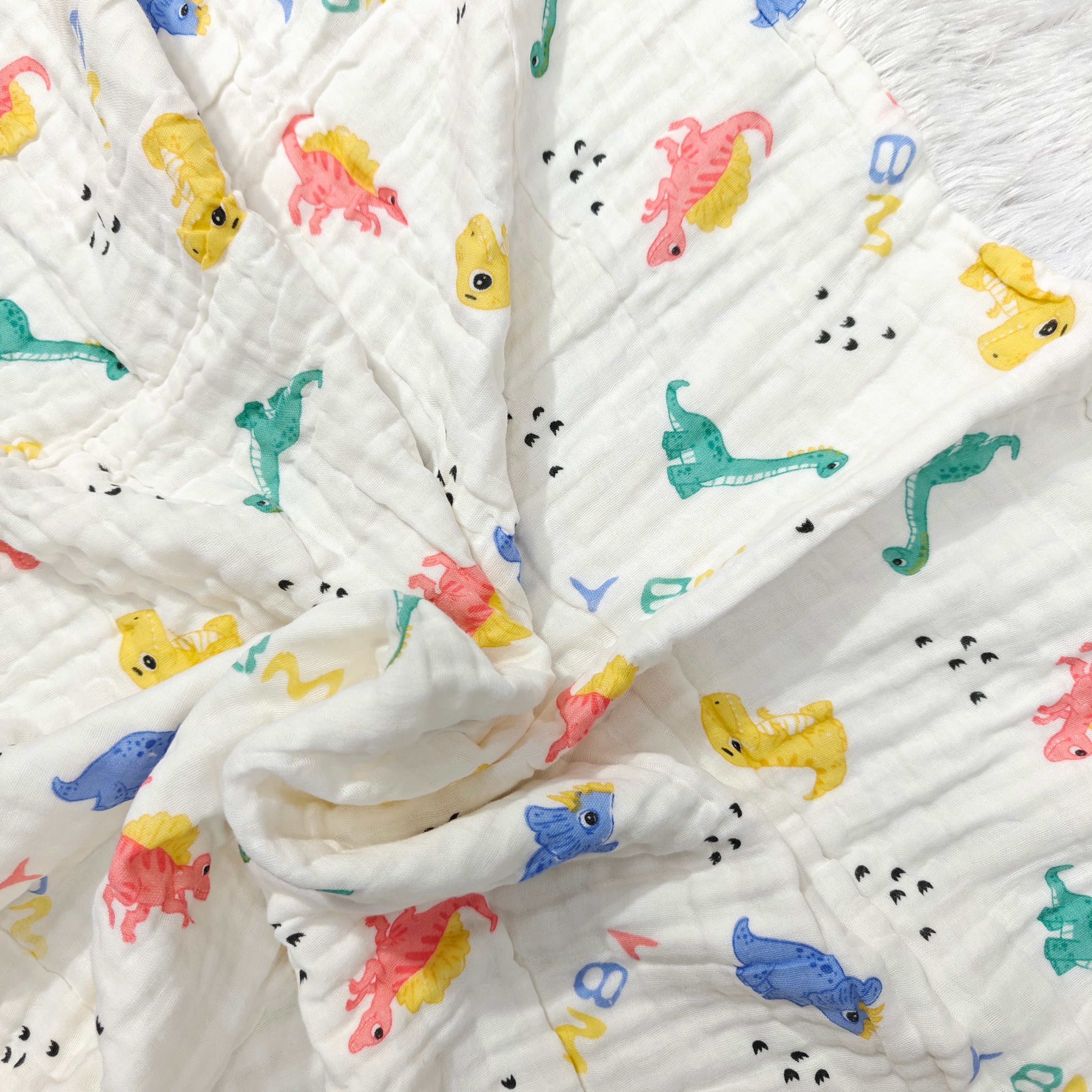 DINO PRINT DOUBLE LAYER MUSLIN TOWEL LARGE - WHITE & BLUE