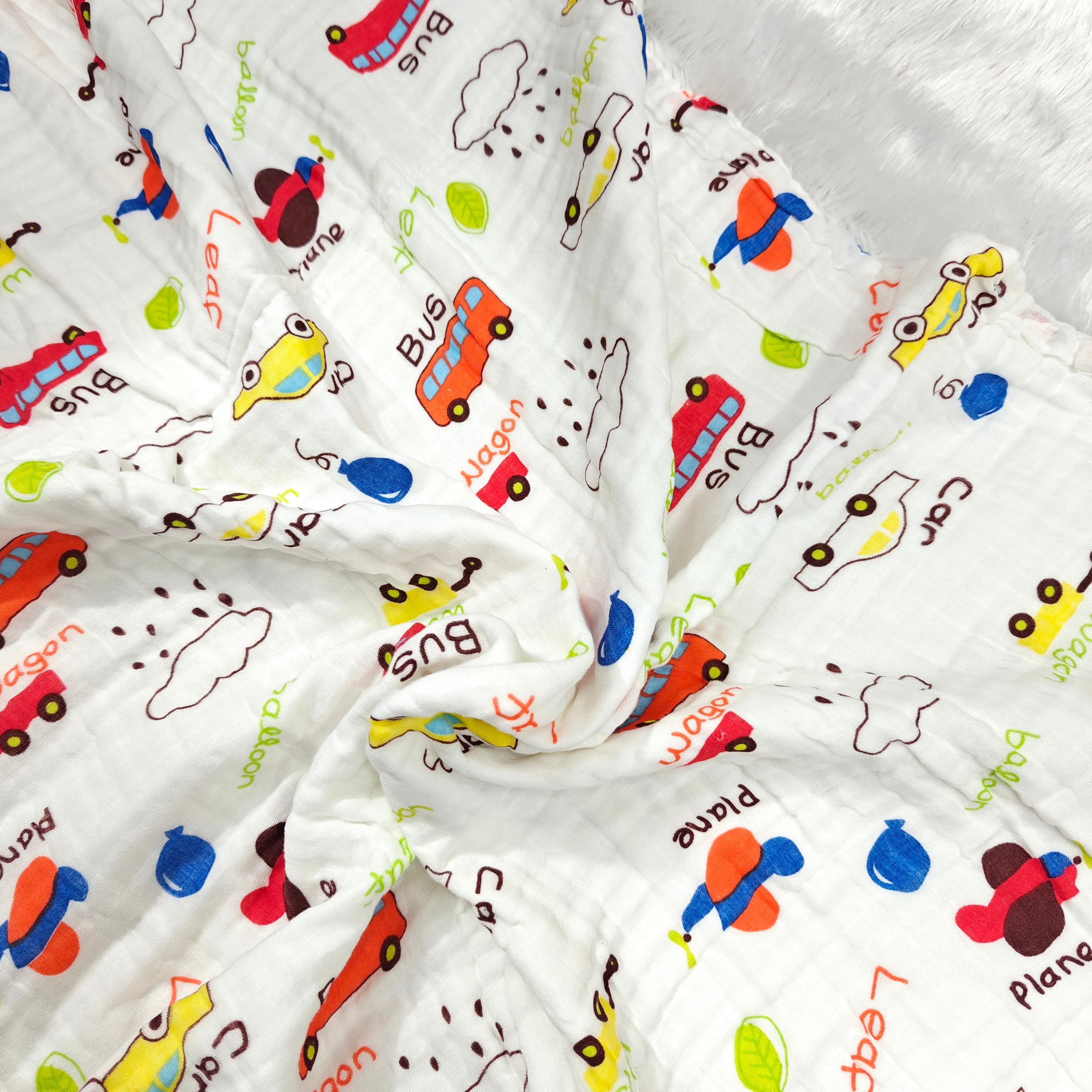 VEHICLES PRINT DOUBLE LAYER MUSLIN TOWEL LARGE - WHITE & RED