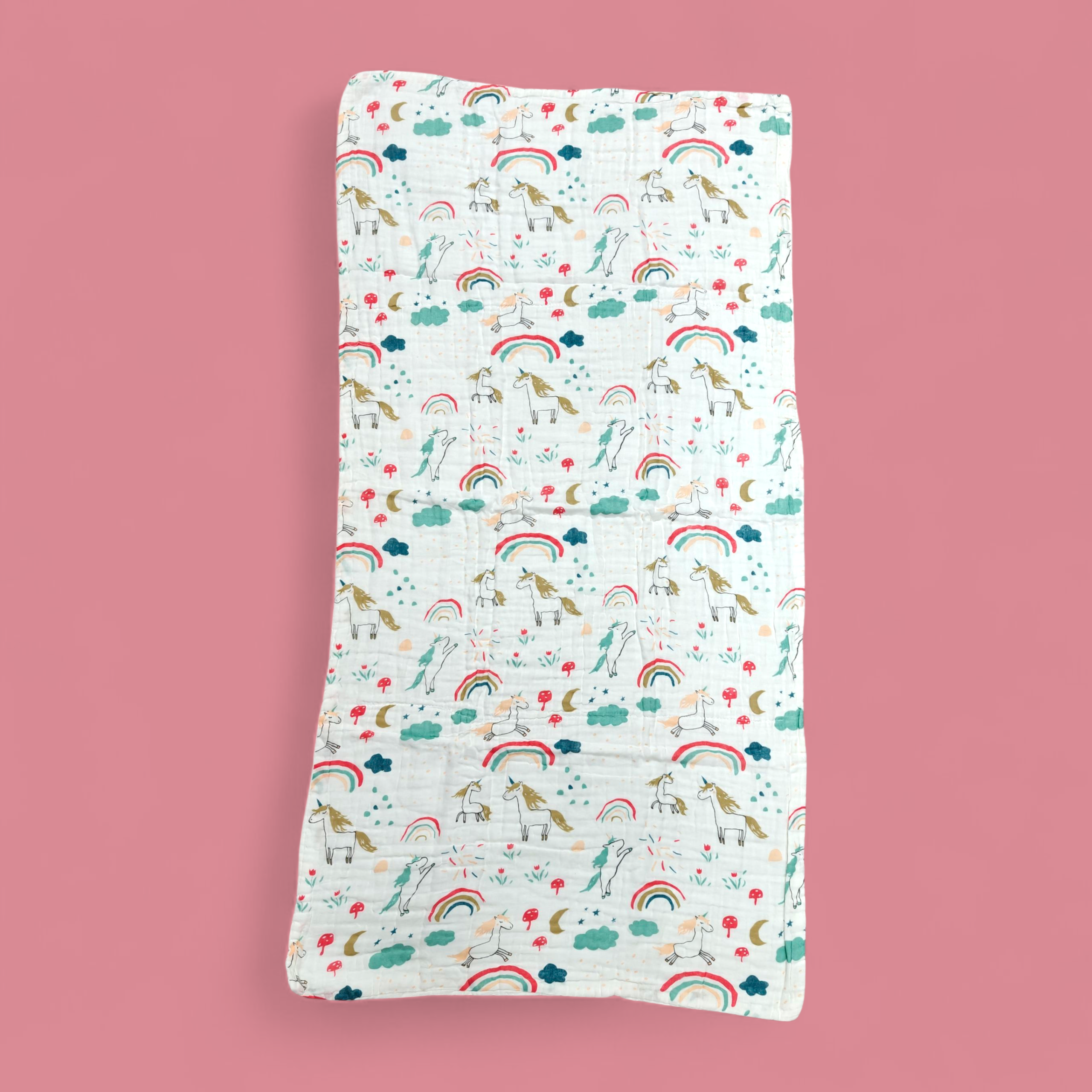 UNICORN & RAINBOW PRINT DOUBLE LAYER MUSLIN TOWEL LARGE - WHITE & GREEN
