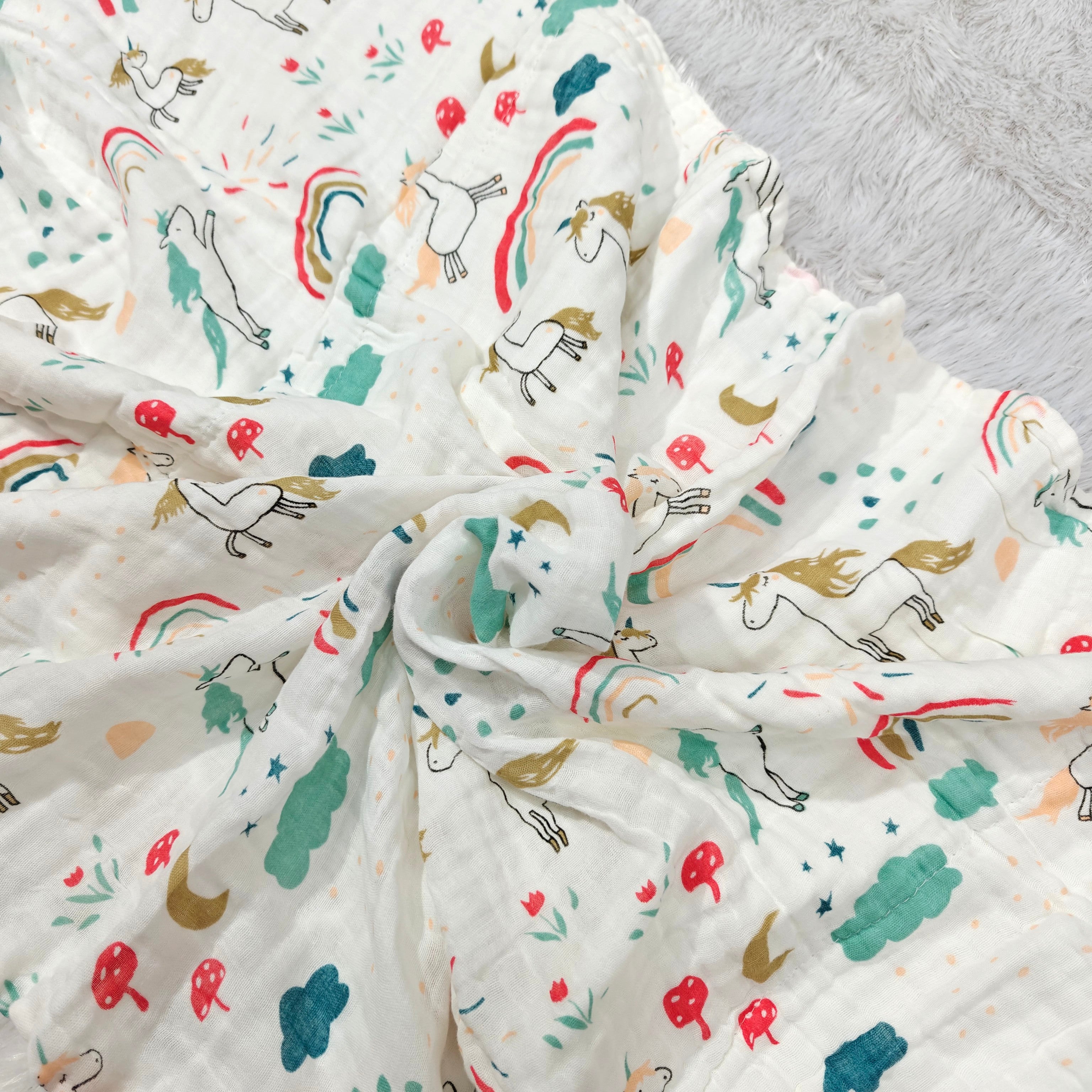 UNICORN & RAINBOW PRINT DOUBLE LAYER MUSLIN TOWEL LARGE - WHITE & GREEN
