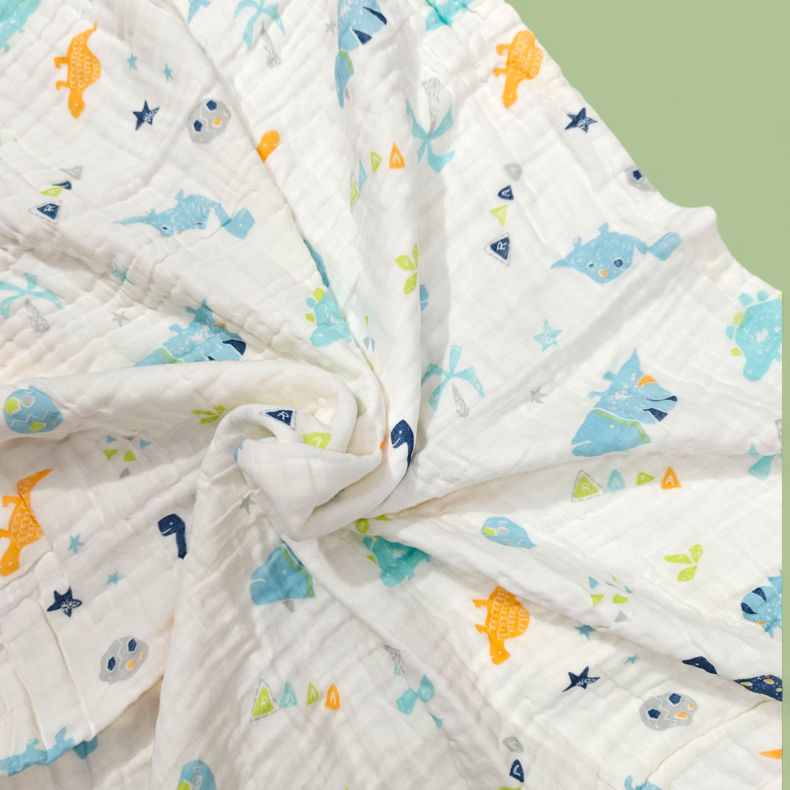 DINOSAUR PRINT DOUBLE LAYER MUSLIN TOWEL LARGE - WHITE & YELLOW