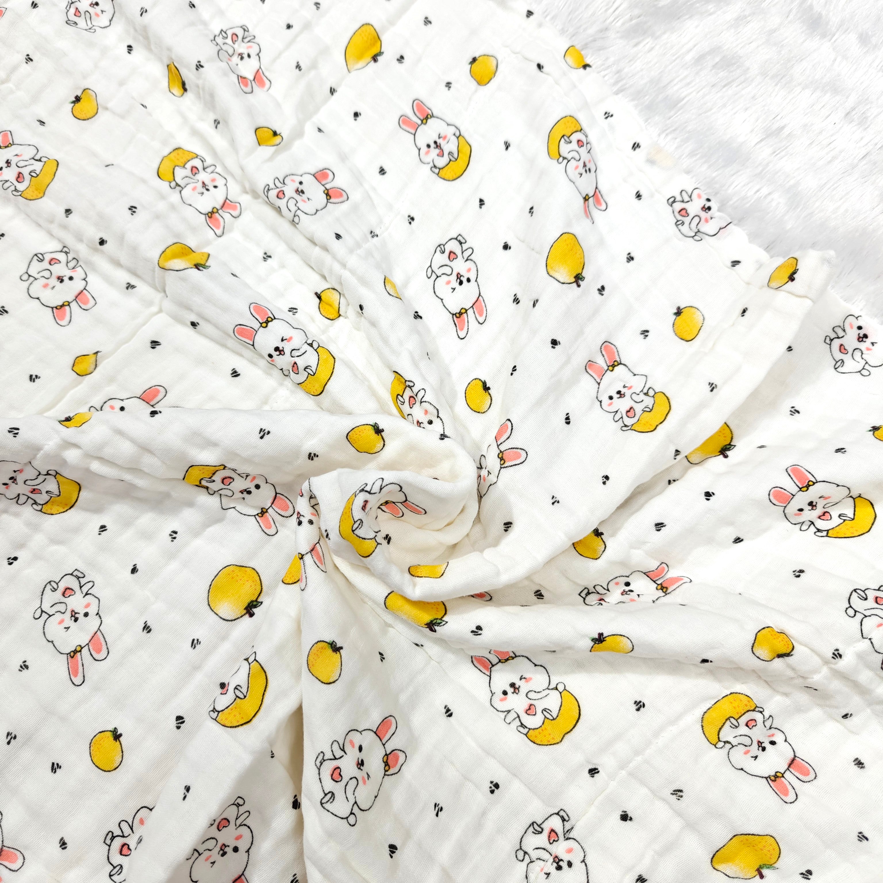 BUNNY PRINT DOUBLE LAYER MUSLIN TOWEL LARGE - WHITE & YELLOW