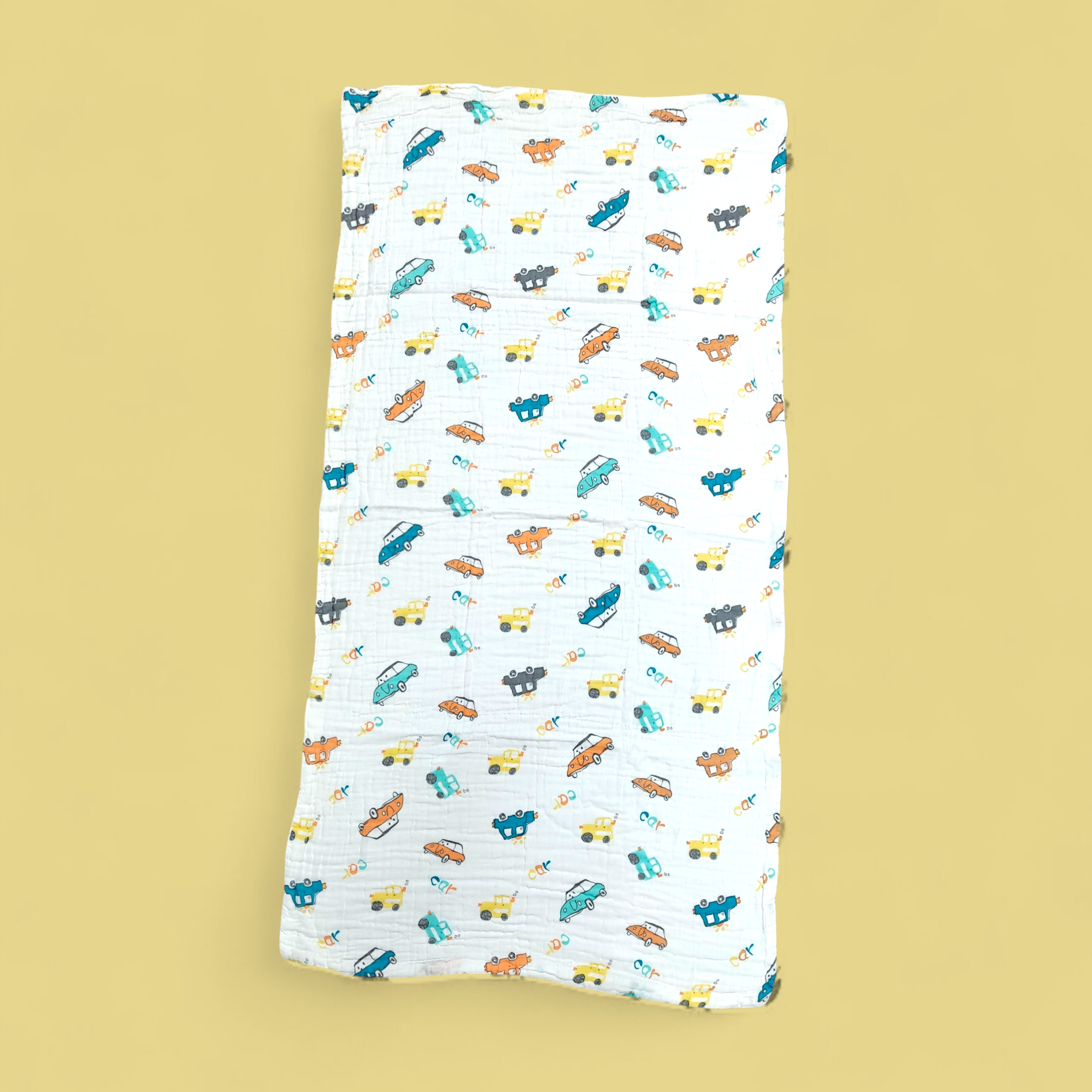 CARS PRINT DOUBLE LAYER MUSLIN TOWEL LARGE - WHITE & ORANGE