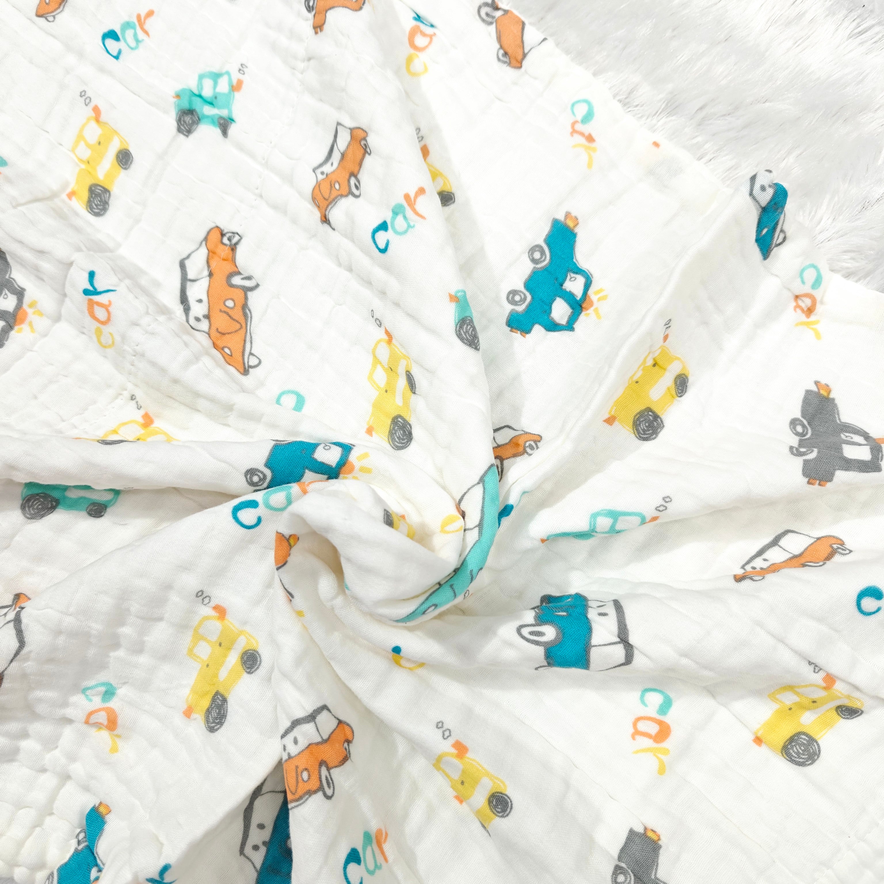 CARS PRINT DOUBLE LAYER MUSLIN TOWEL LARGE - WHITE & ORANGE
