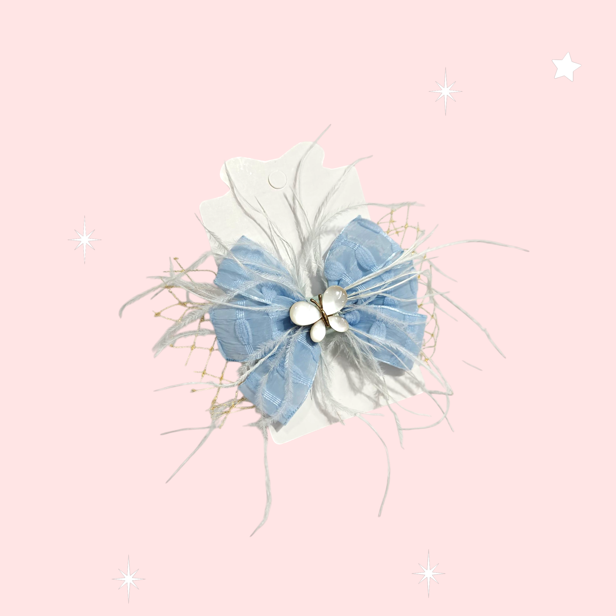 BUTTERFLY & FEATHERS APPLIQUE BIG BOW HAIR PINS