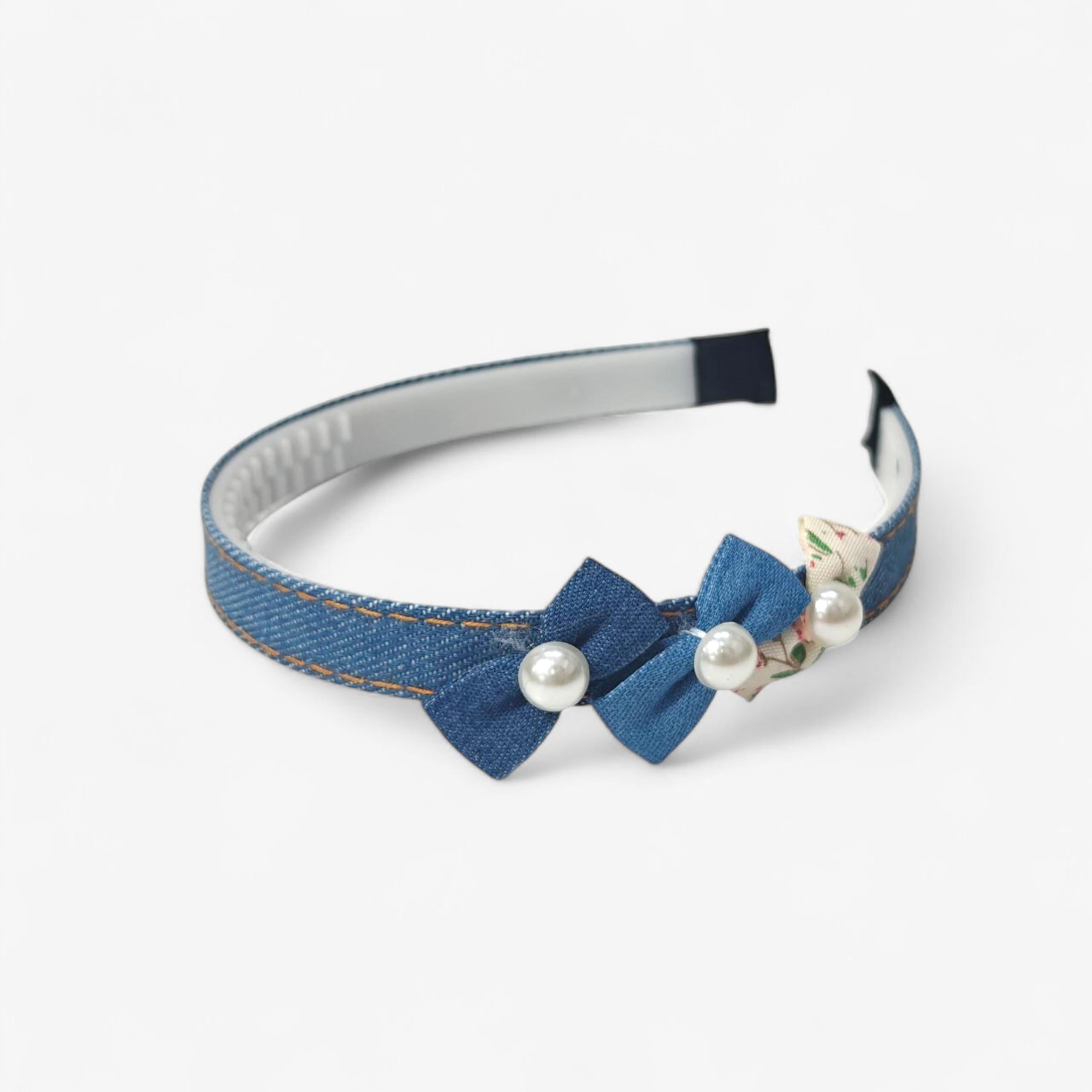 BOW & PEARL APPLIQUE DENIM HAIRBAND - BLUE