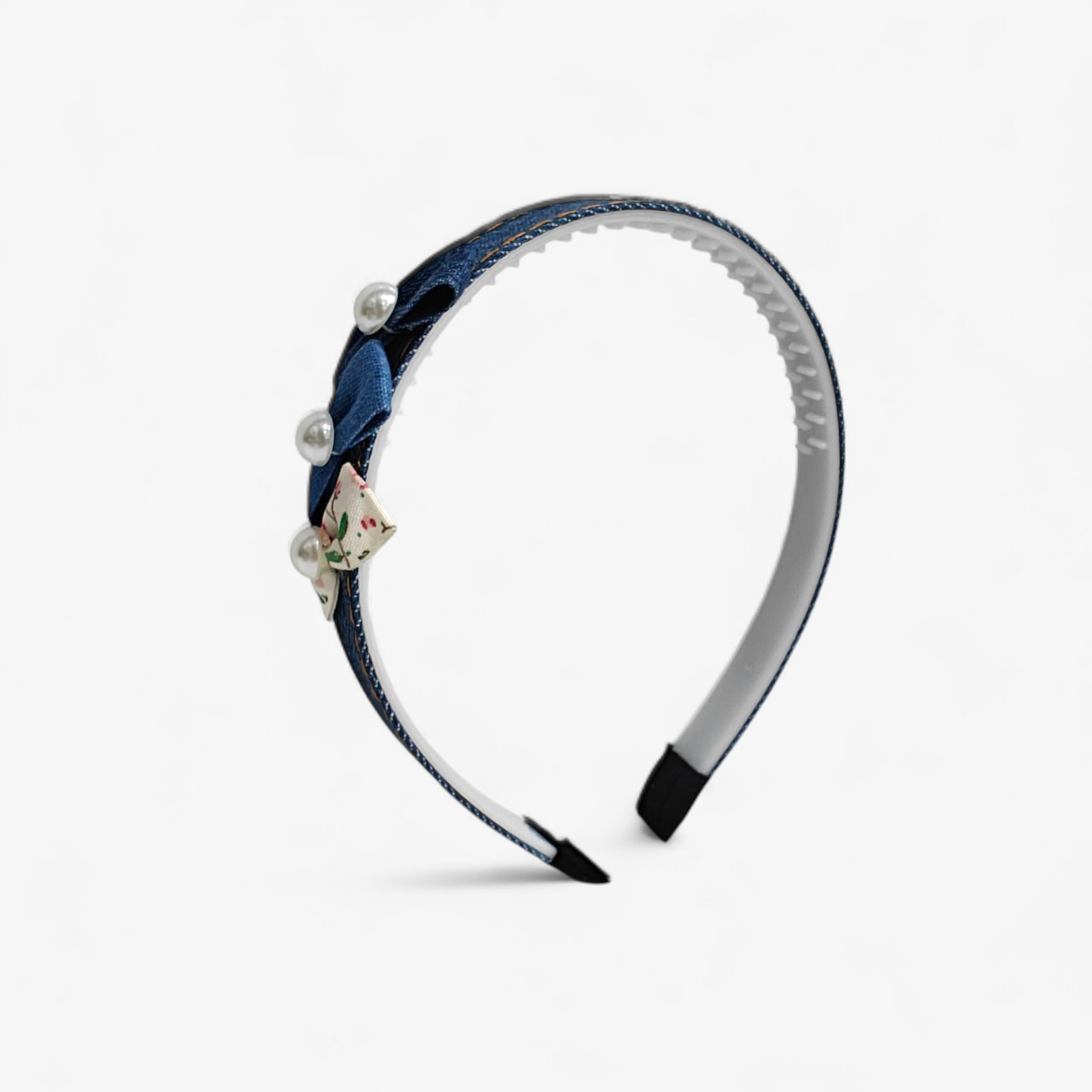 BOW & PEARL APPLIQUE DENIM HAIRBAND - BLUE