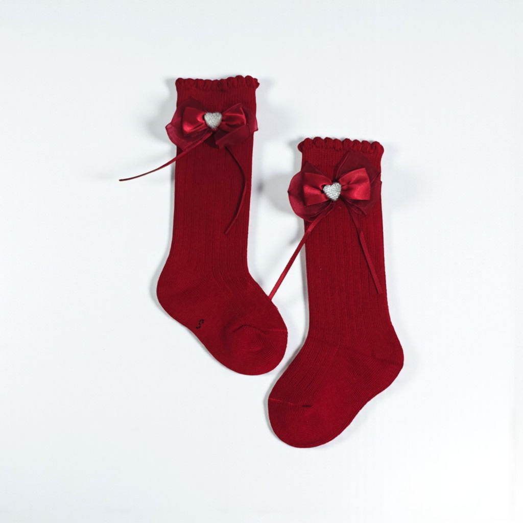 BEADED HEART & BOW APPLIQUE KNEE LENGTH SOCKS