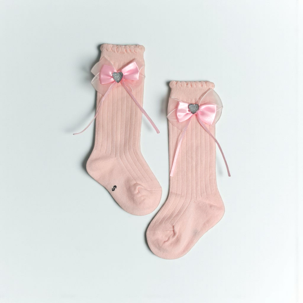 BEADED HEART & BOW APPLIQUE KNEE LENGTH SOCKS