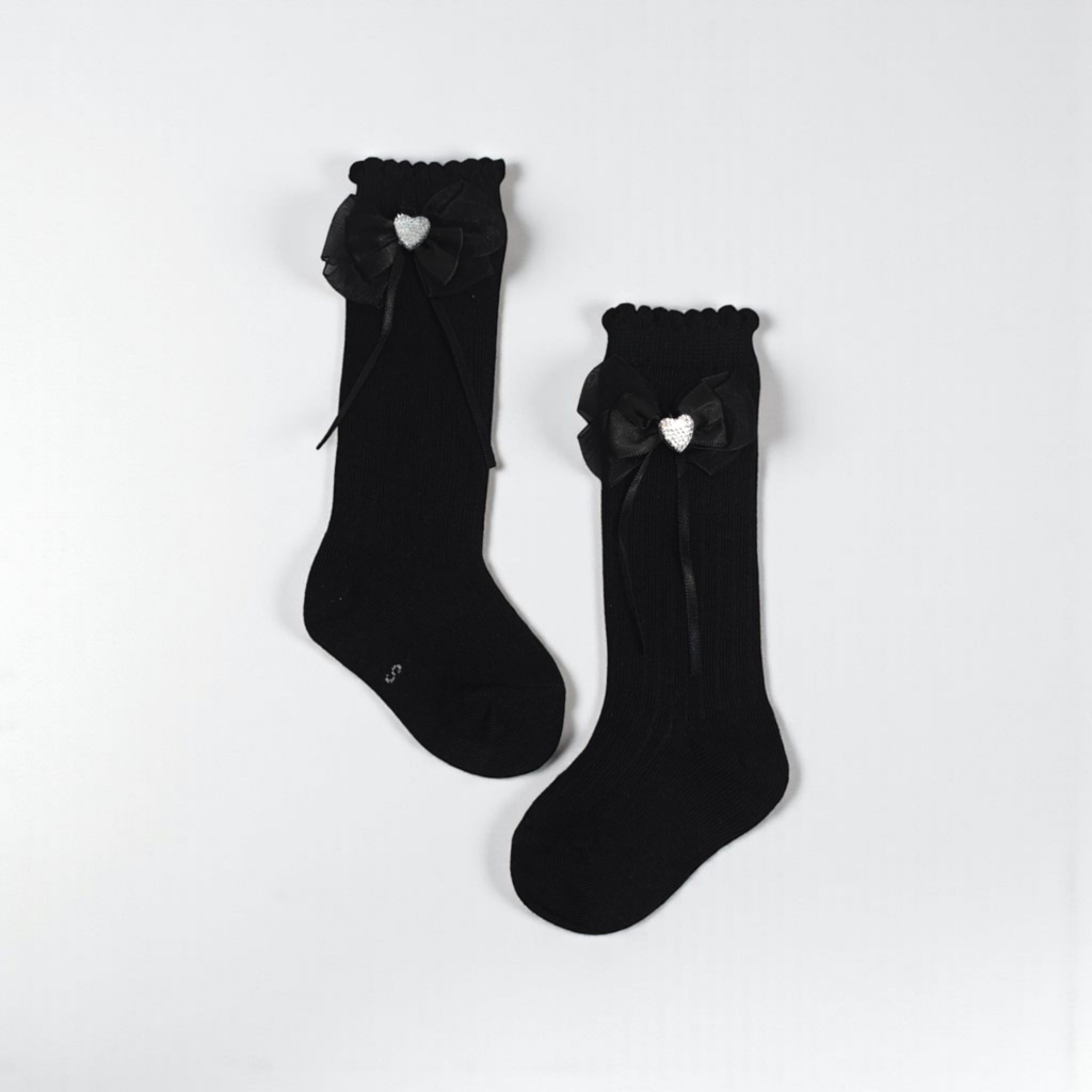 BEADED HEART & BOW APPLIQUE KNEE LENGTH SOCKS