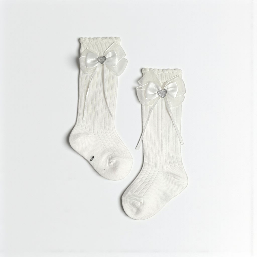 BEADED HEART & BOW APPLIQUE KNEE LENGTH SOCKS