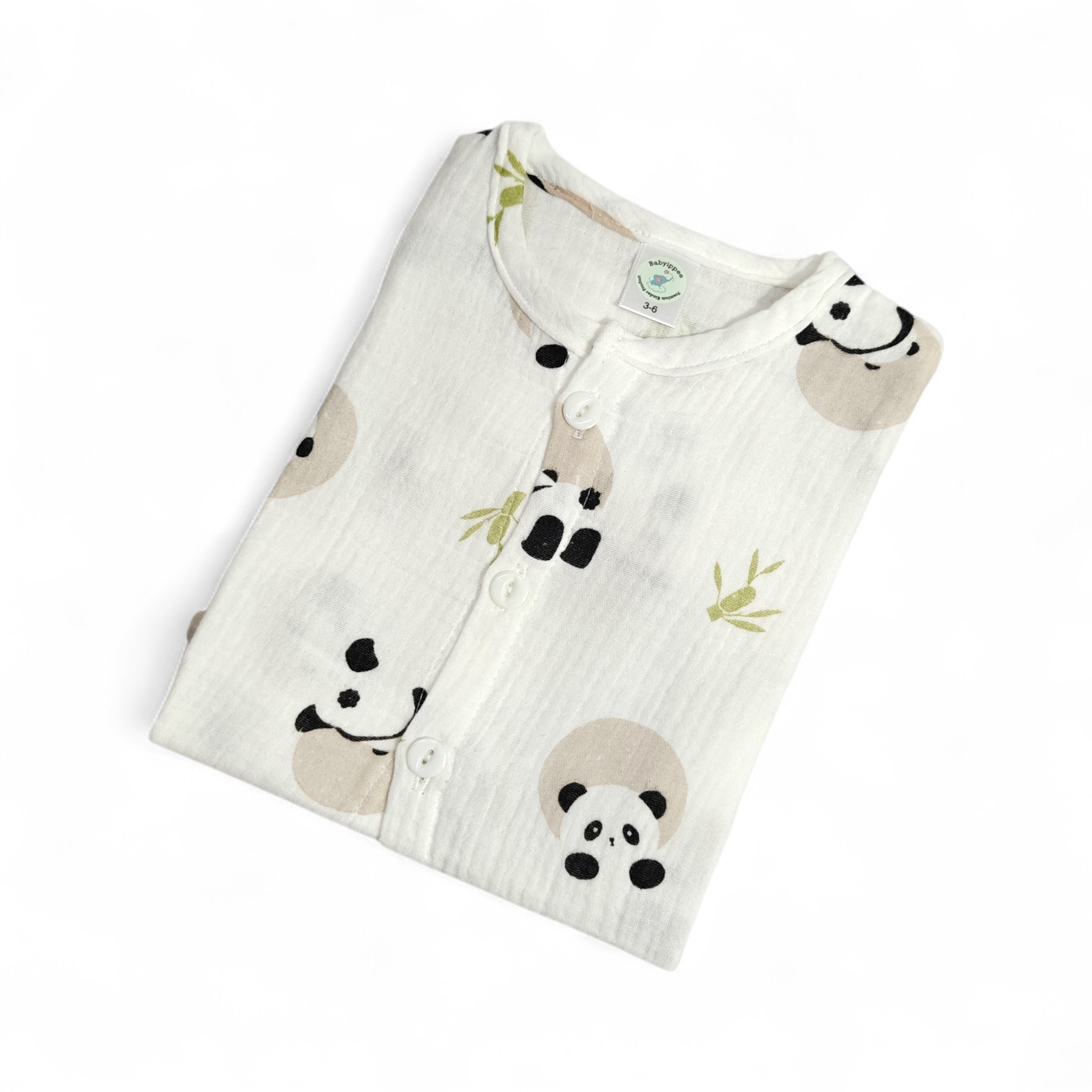 PANDA PRINT BUTTON-UP MUSLIN NIGHTSUIT - WHITE
