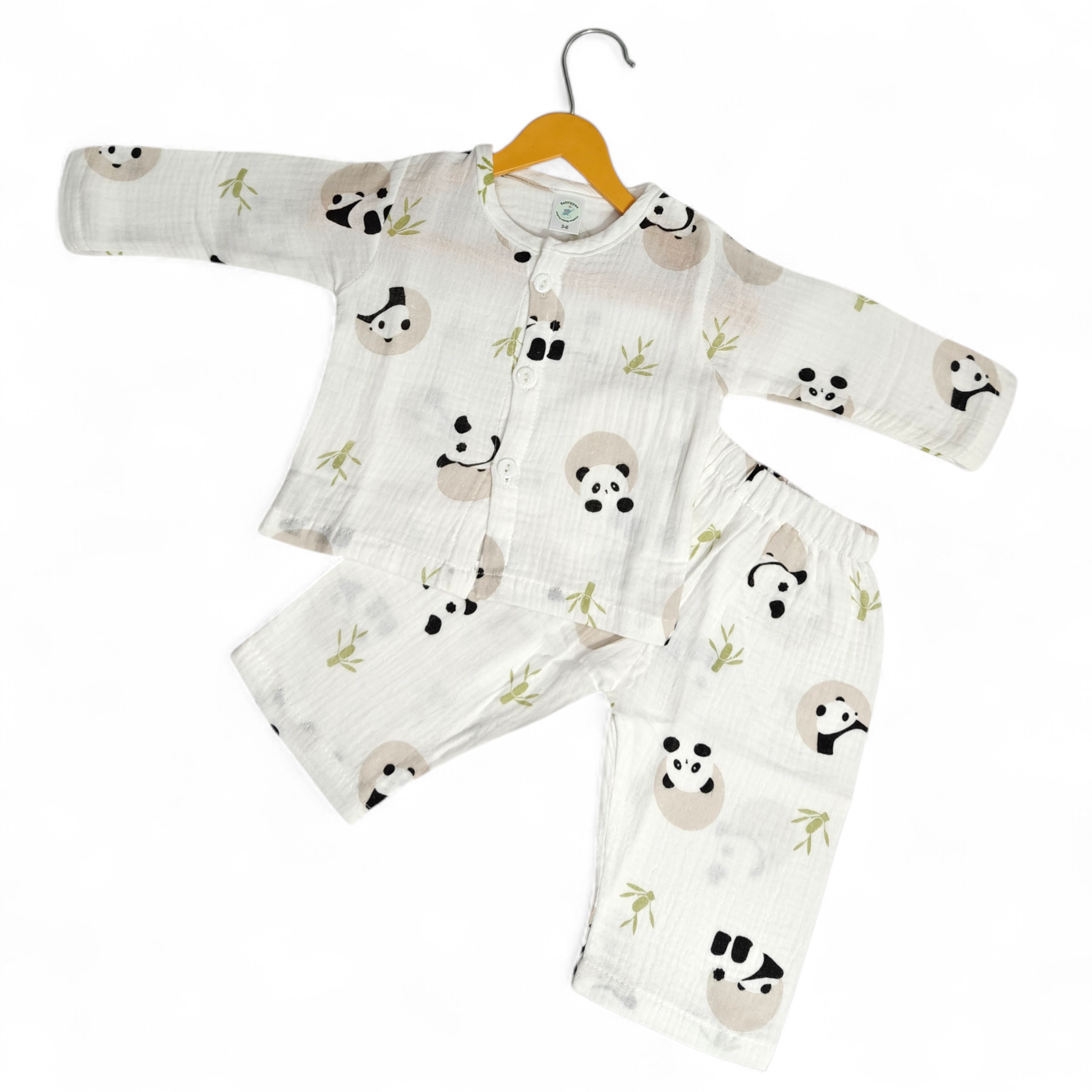 PANDA PRINT BUTTON-UP MUSLIN NIGHTSUIT - WHITE