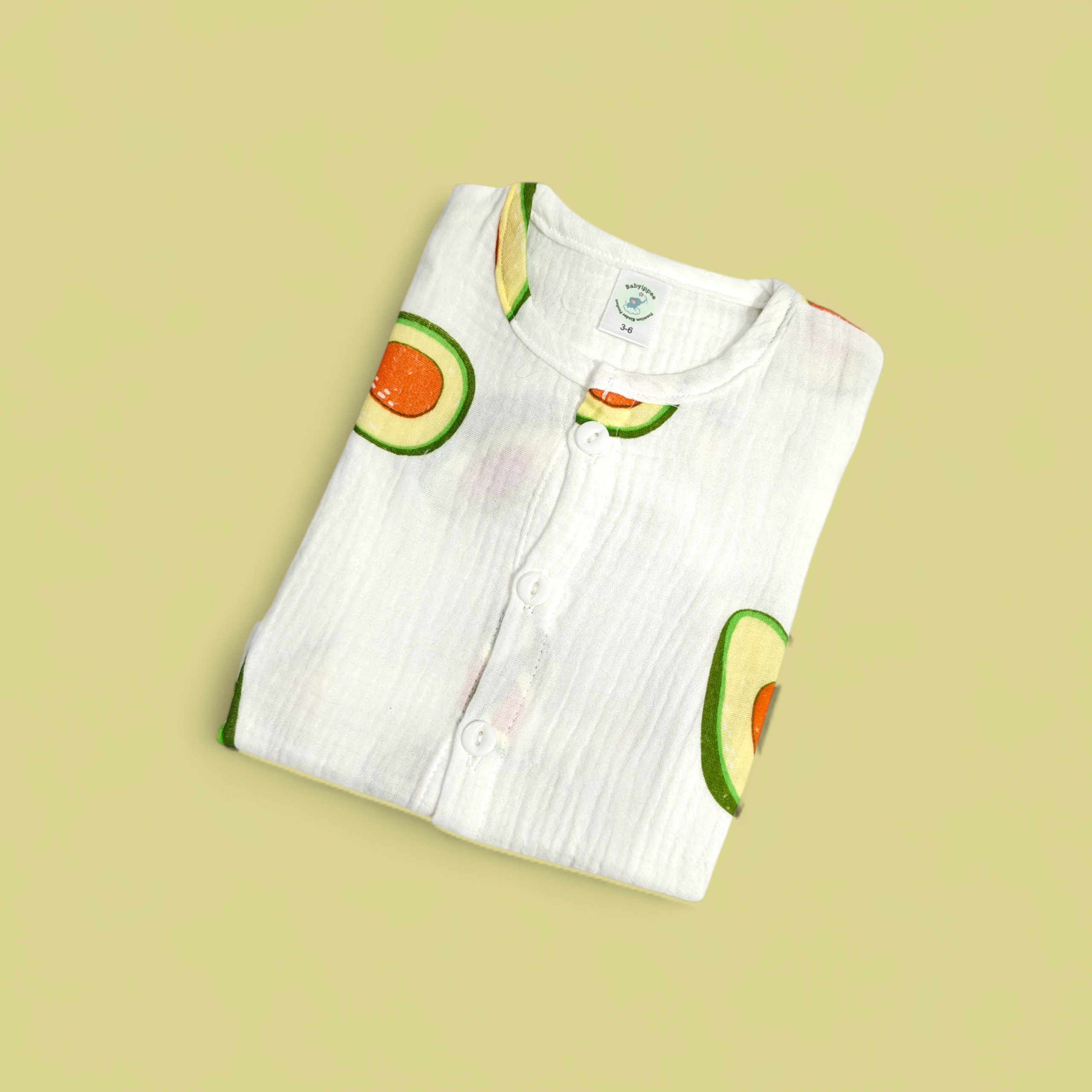 AVOCADO PRINT BUTTON-UP MUSLIN NIGHTSUIT - WHITE