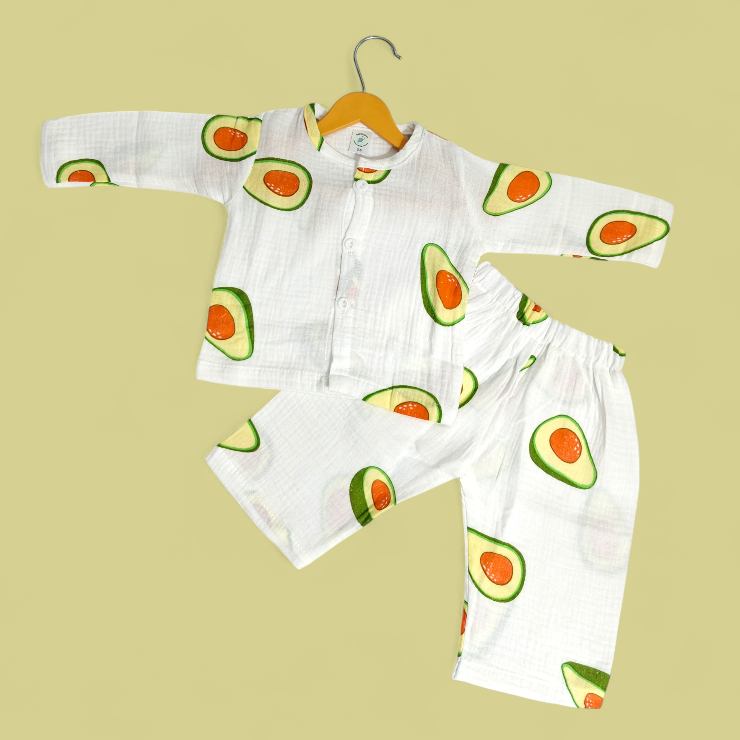 AVOCADO PRINT BUTTON-UP MUSLIN NIGHTSUIT - WHITE