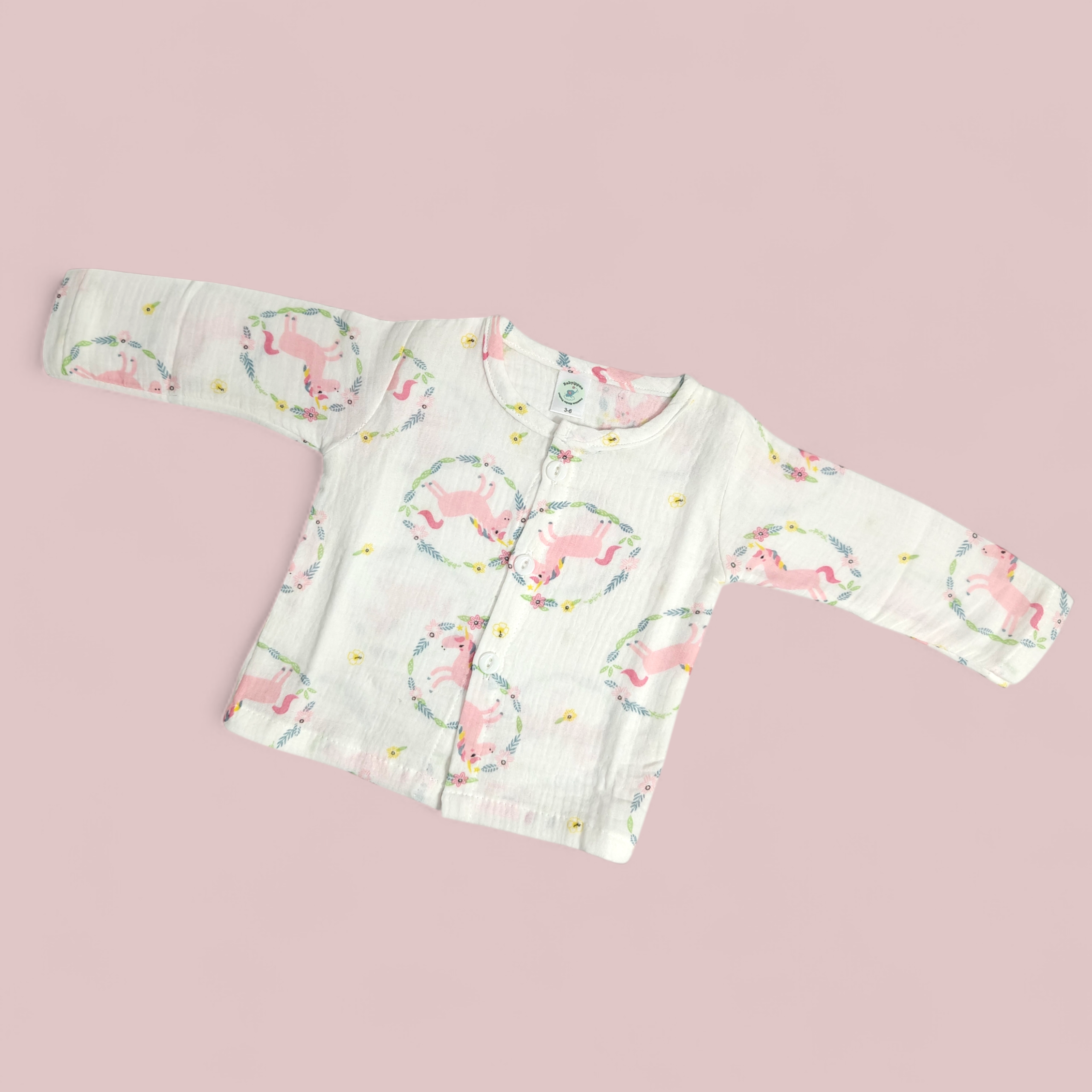 UNICORN PRINT BUTTON-UP MUSLIN NIGHTSUIT - WHITE