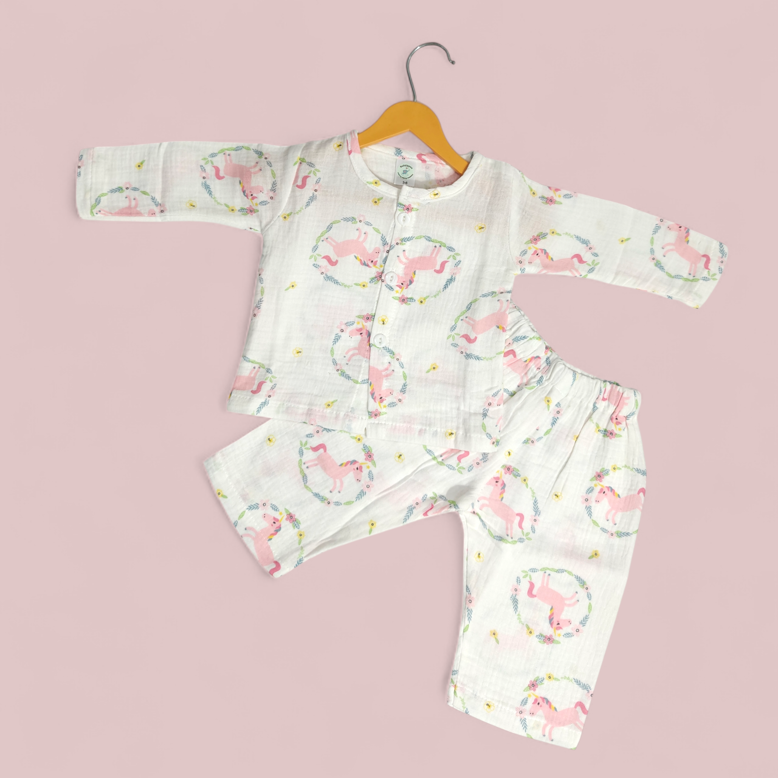 UNICORN PRINT BUTTON-UP MUSLIN NIGHTSUIT - WHITE