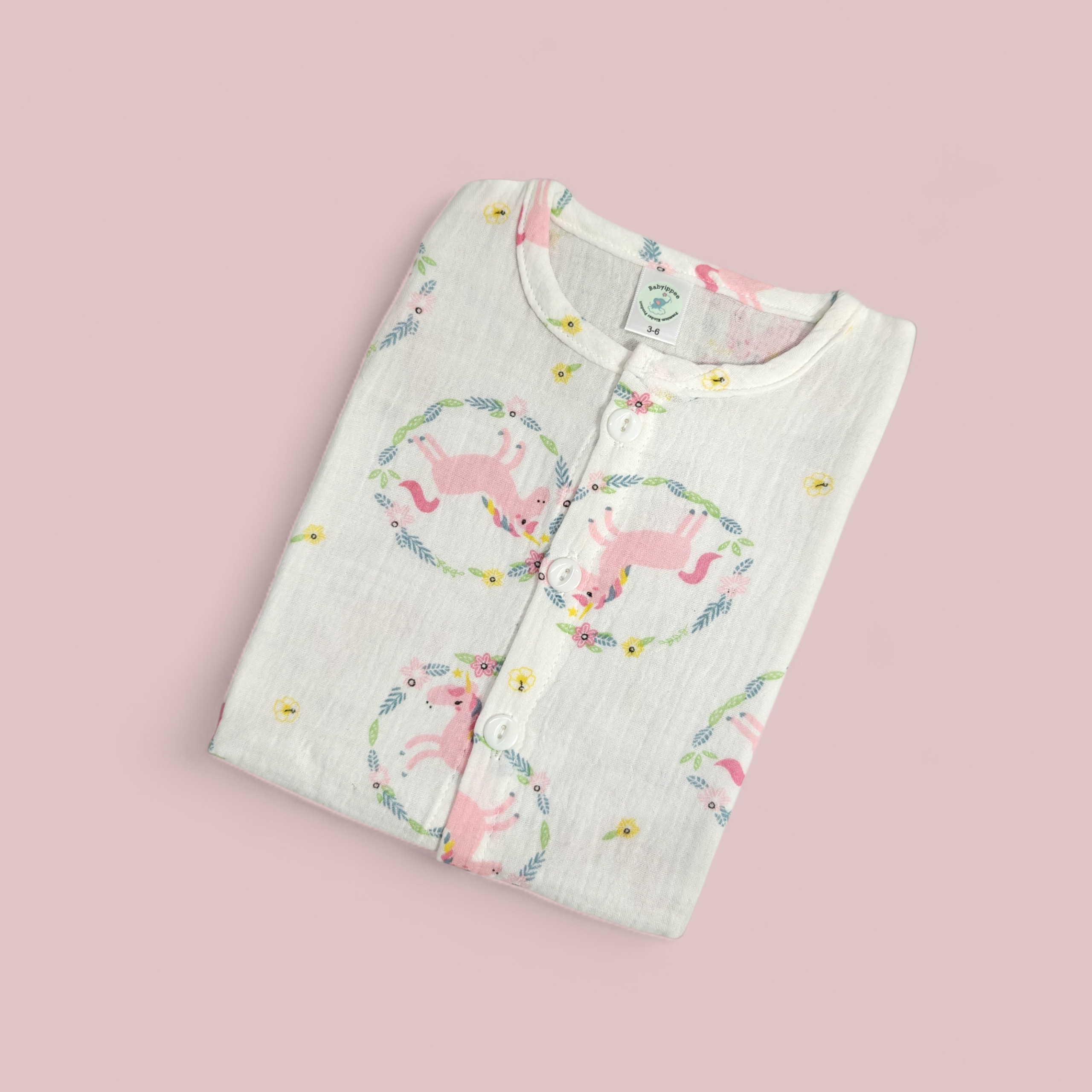 UNICORN PRINT BUTTON-UP MUSLIN NIGHTSUIT - WHITE