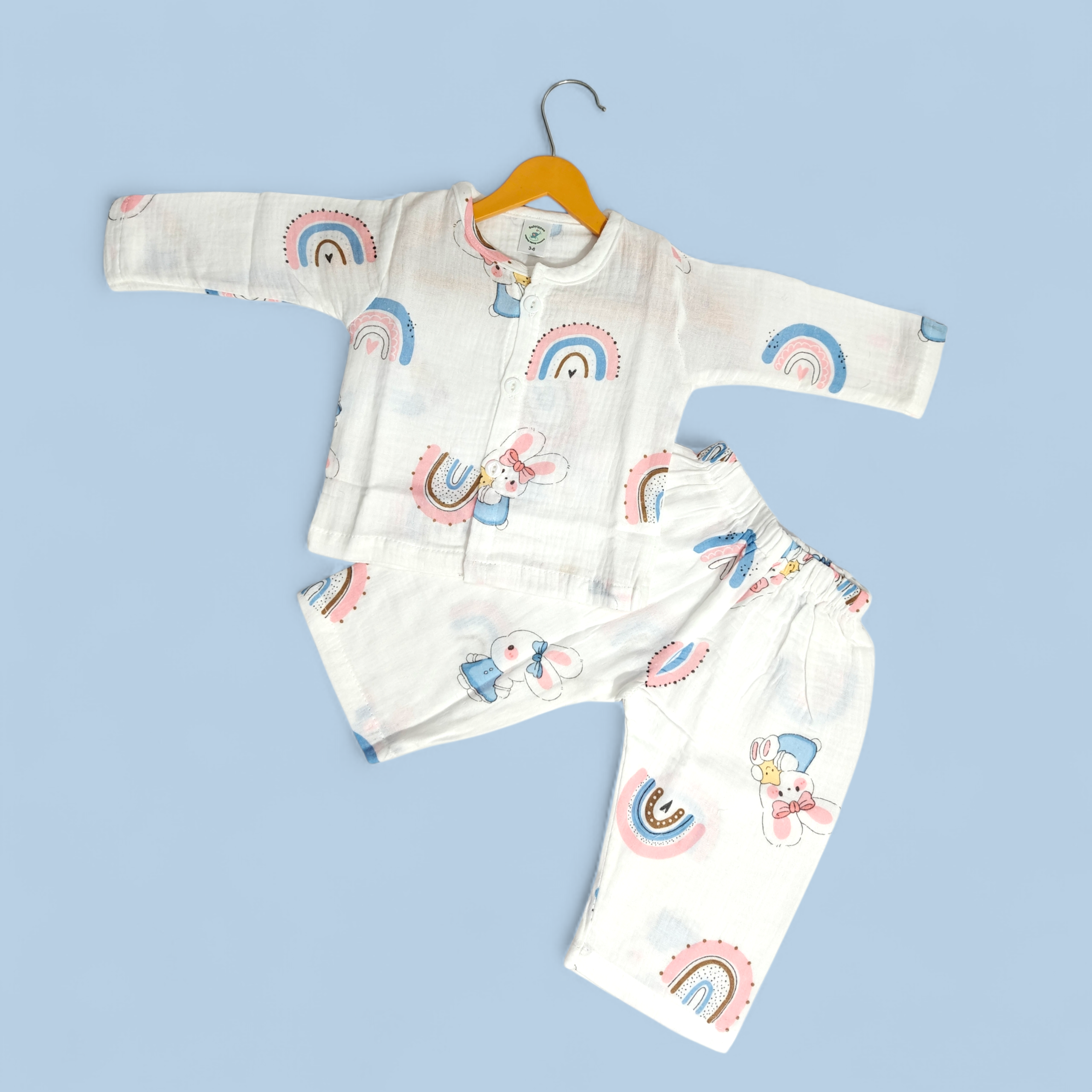 BUNNY PRINT BUTTON-UP MUSLIN NIGHTSUIT - WHITE