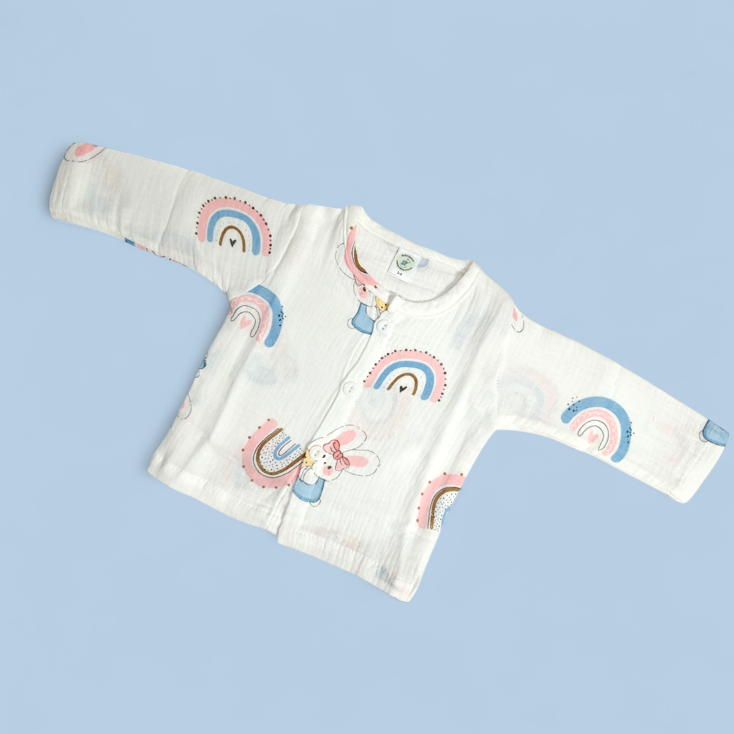 BUNNY PRINT BUTTON-UP MUSLIN NIGHTSUIT - WHITE