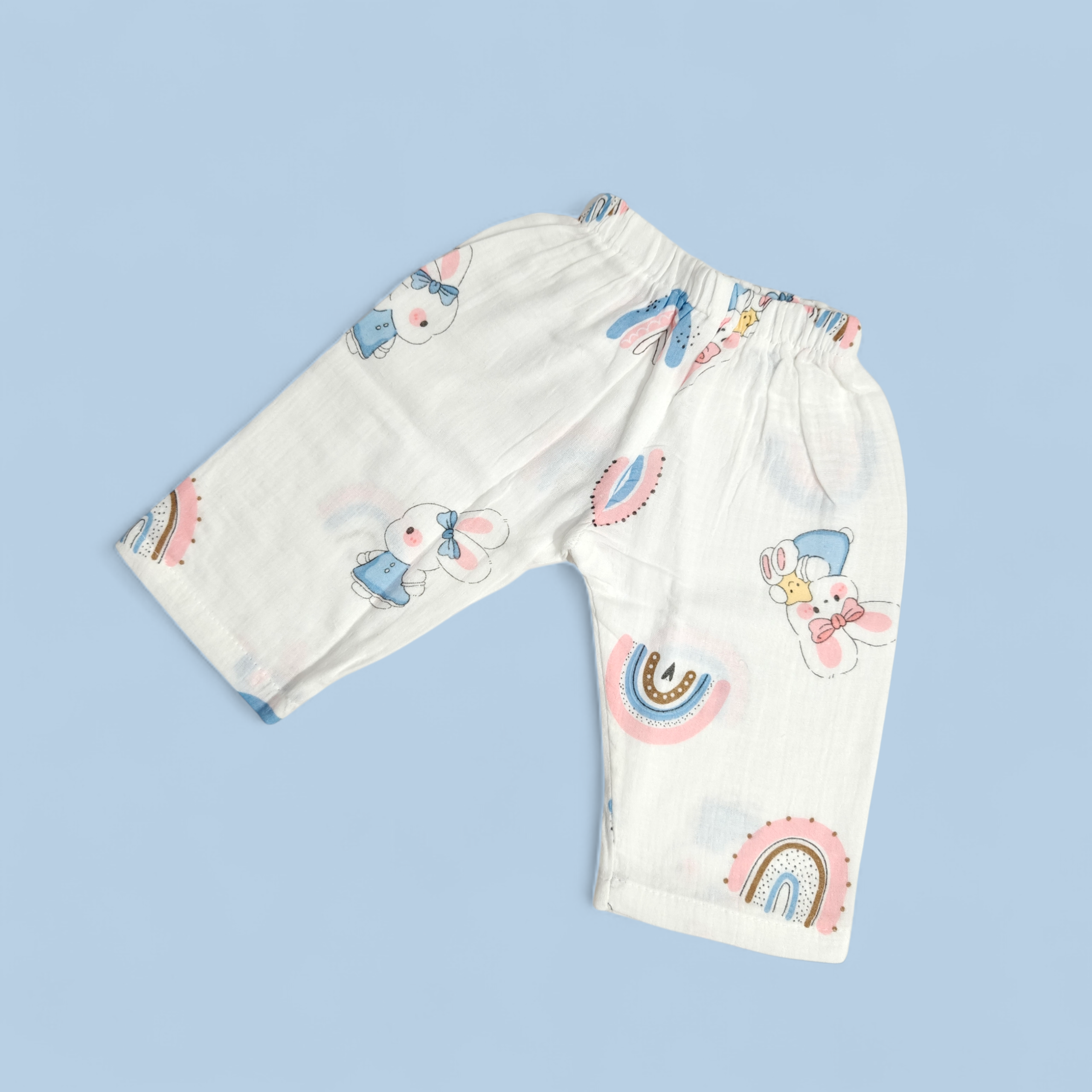 BUNNY PRINT BUTTON-UP MUSLIN NIGHTSUIT - WHITE