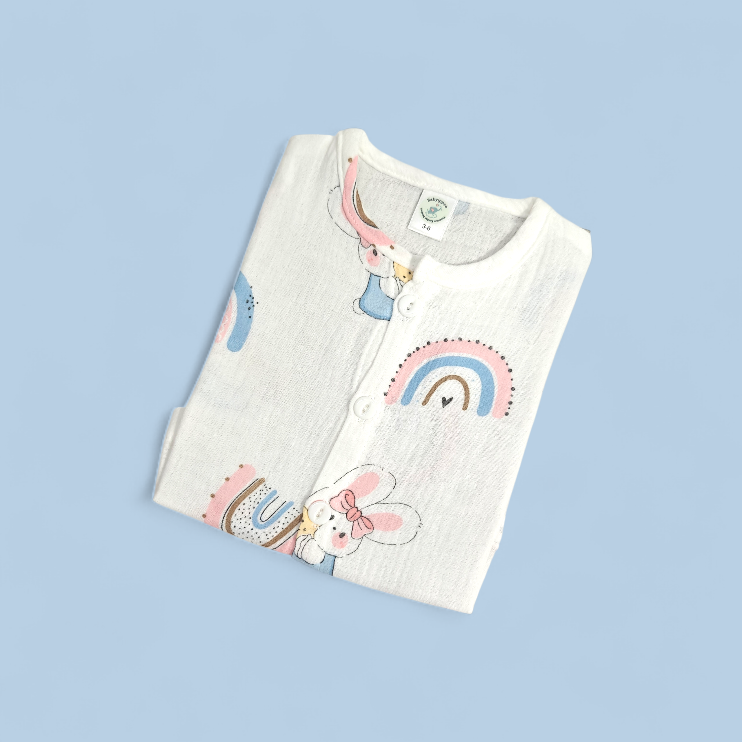 BUNNY PRINT BUTTON-UP MUSLIN NIGHTSUIT - WHITE