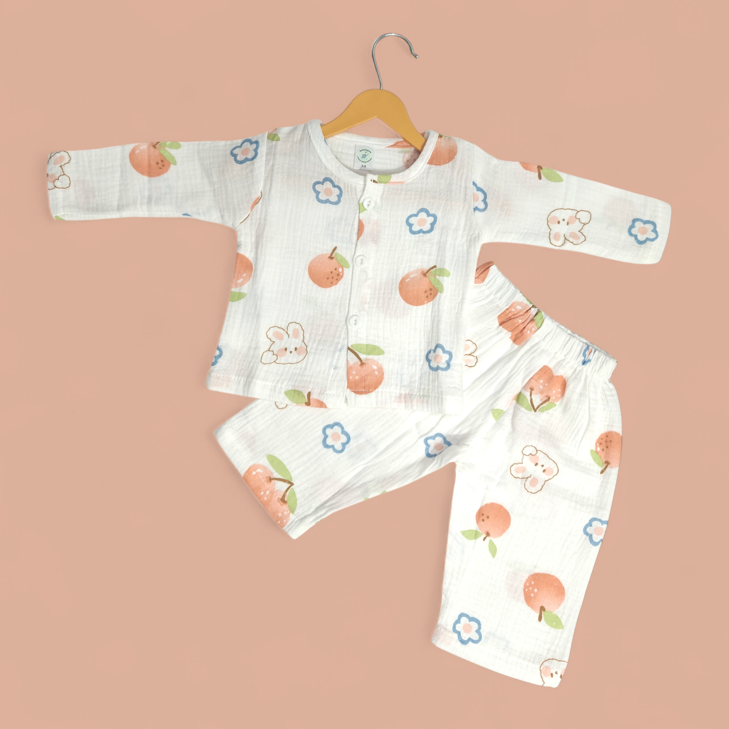 ORANGE & FLOWER PRINT BUTTON-UP MUSLIN NIGHTSUIT - WHITE