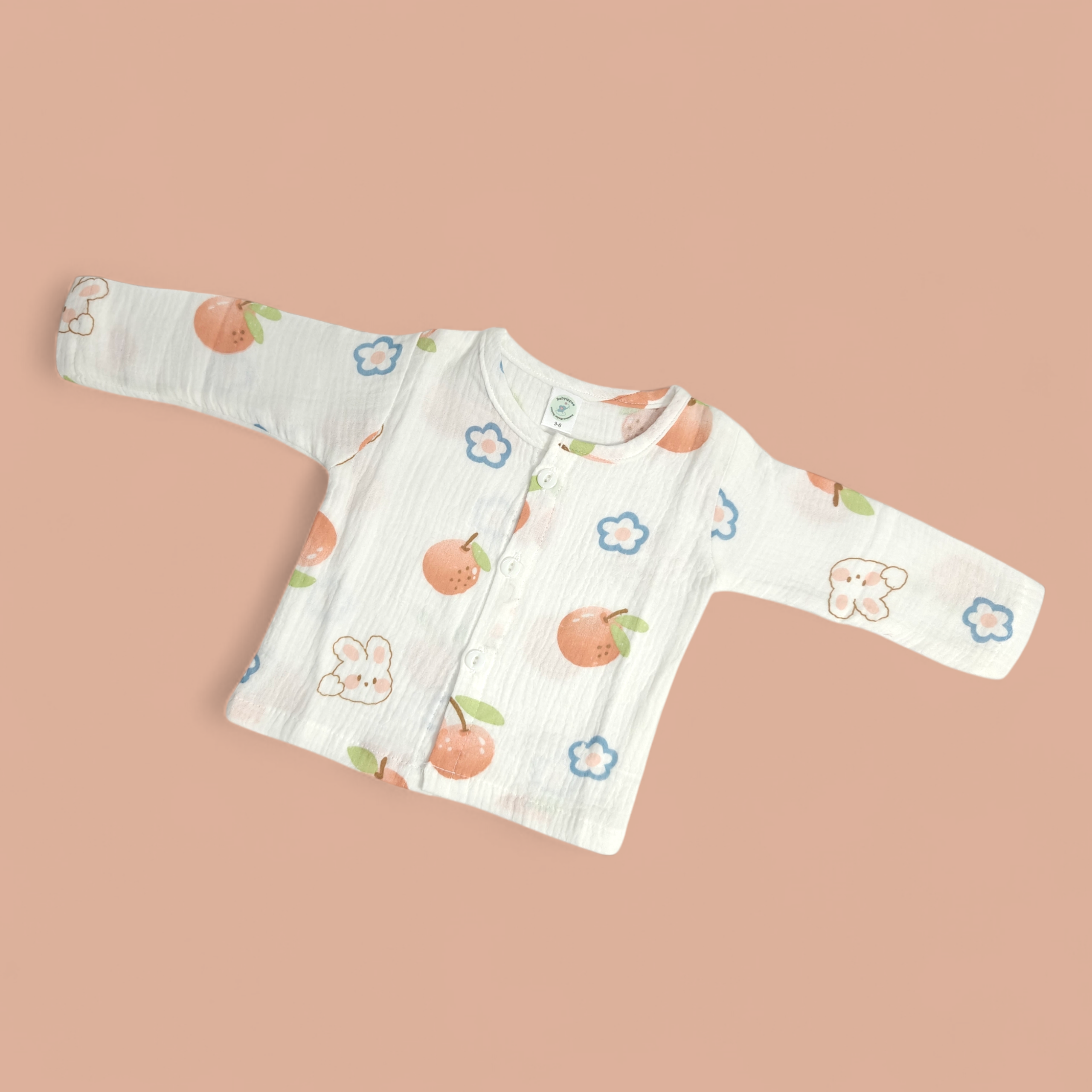 ORANGE & FLOWER PRINT BUTTON-UP MUSLIN NIGHTSUIT - WHITE