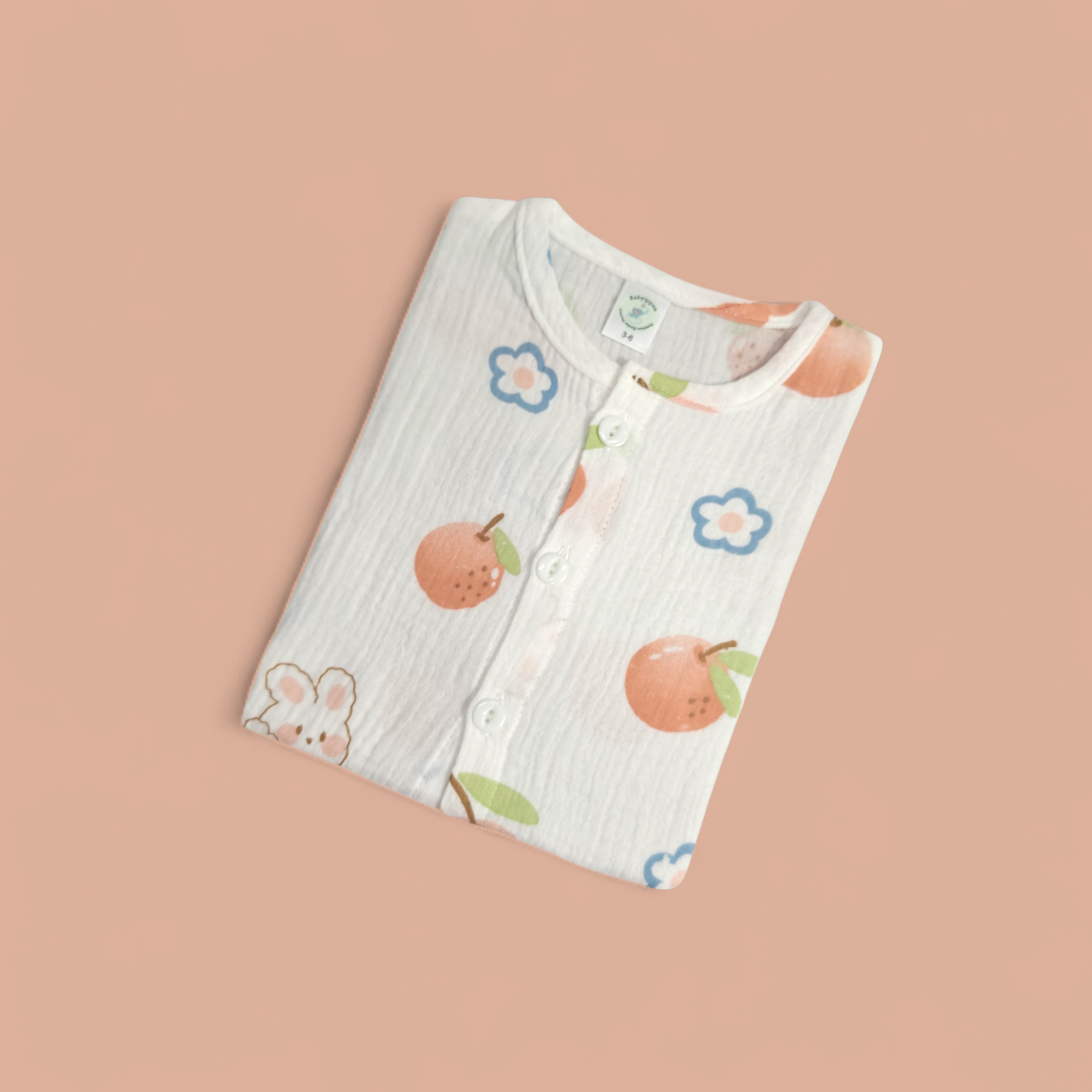 ORANGE & FLOWER PRINT BUTTON-UP MUSLIN NIGHTSUIT - WHITE