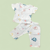 ELEPHANT PRINT HALF SLEEVES BUTTON-UP MUSLIN NIGHTSUIT - WHITE